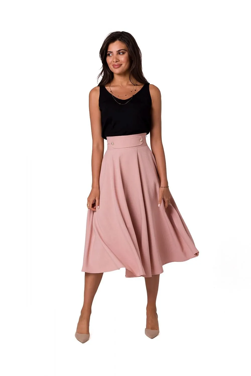 Elegant High-Waisted Flared Midi Skirt with Button Accents