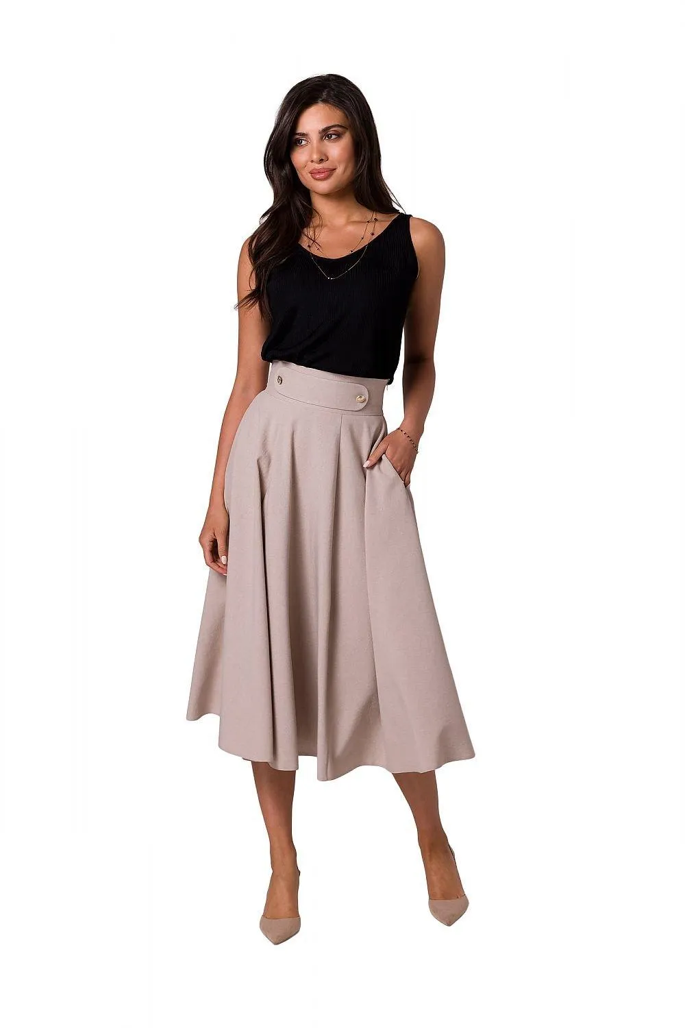 Elegant High-Waisted Flared Midi Skirt with Button Accents