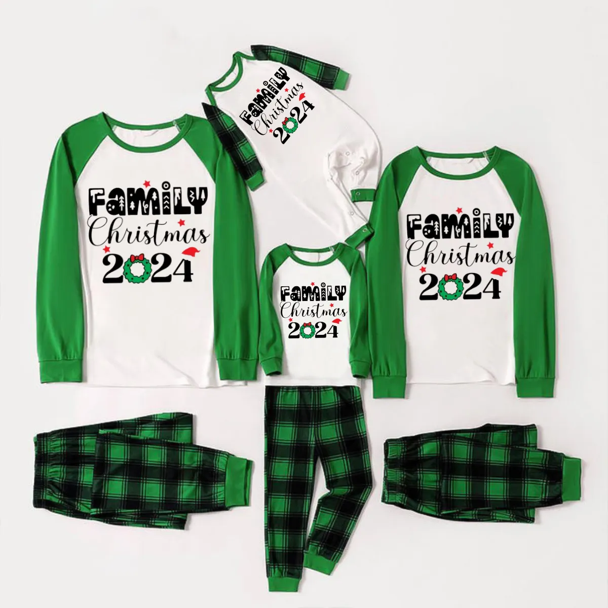 Family Christmas 2024 Print Long Sleeve Top With Green & Black Plaid Christmas Family Matching Pajamas