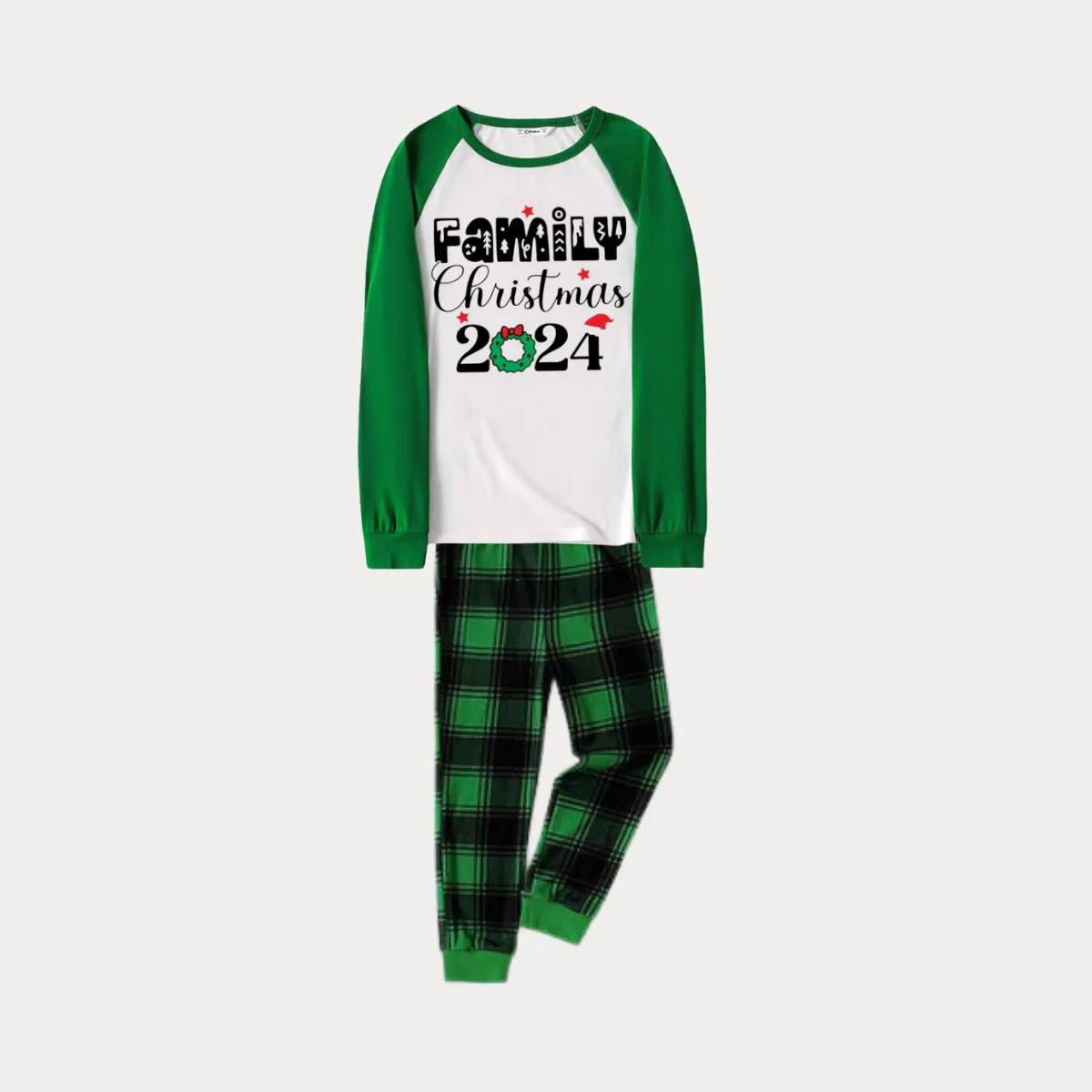 Family Christmas 2024 Print Long Sleeve Top With Green & Black Plaid Christmas Family Matching Pajamas