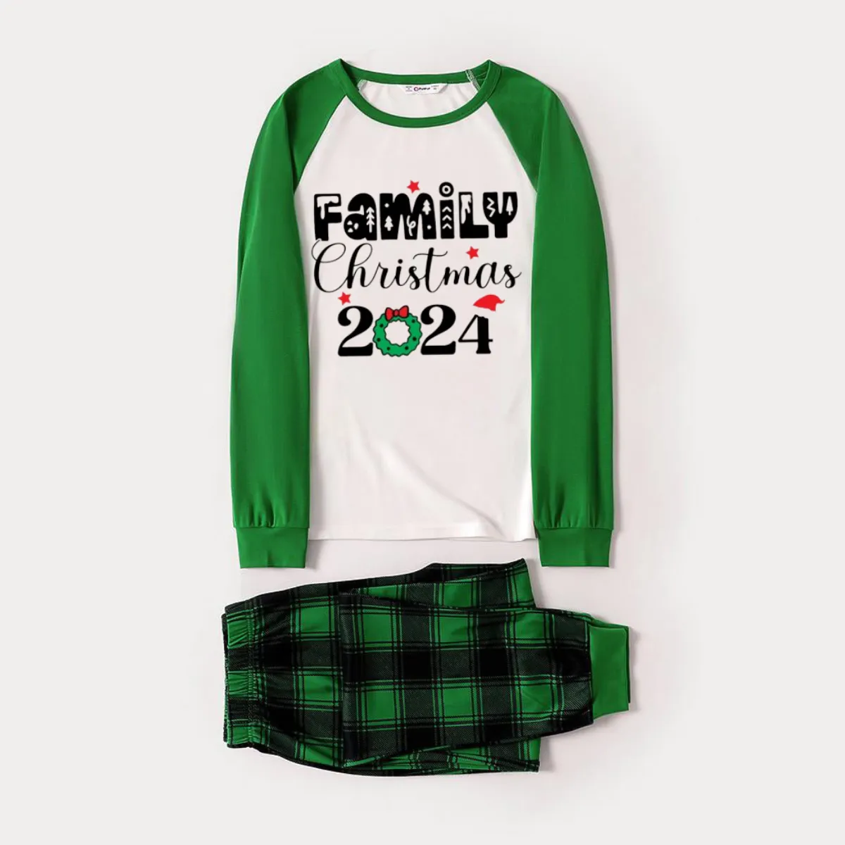 Family Christmas 2024 Print Long Sleeve Top With Green & Black Plaid Christmas Family Matching Pajamas