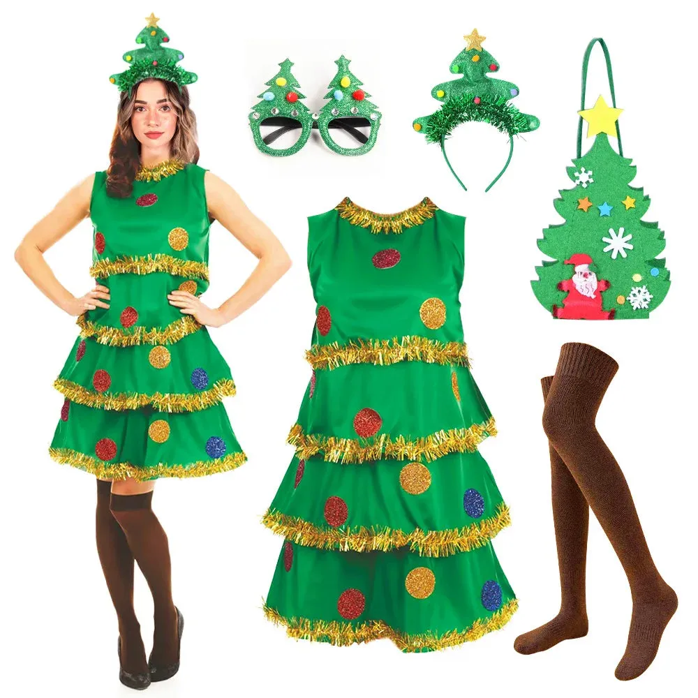 Festive Christmas Tree Party Dress Costume with Accessories