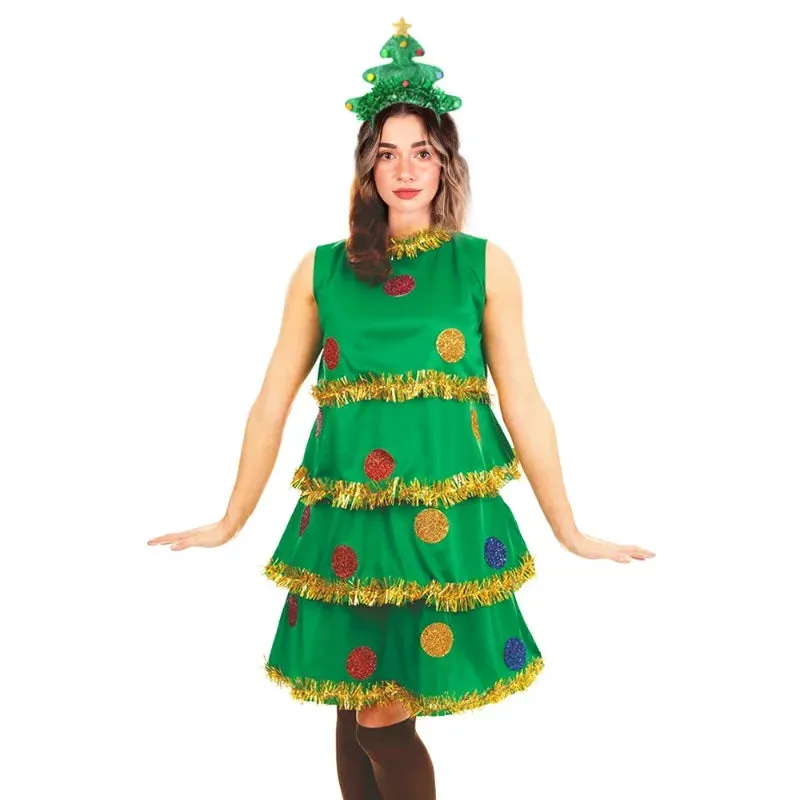 Festive Christmas Tree Party Dress Costume with Accessories