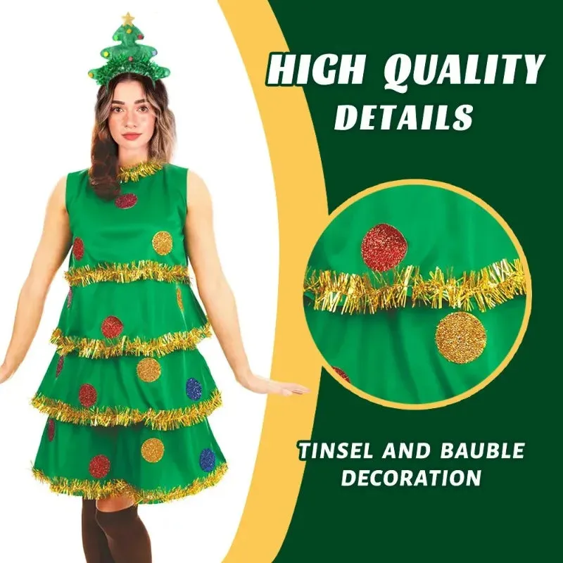 Festive Christmas Tree Party Dress Costume with Accessories