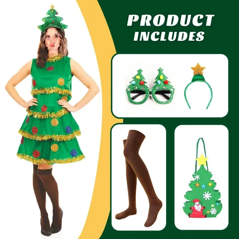 Festive Christmas Tree Party Dress Costume with Accessories