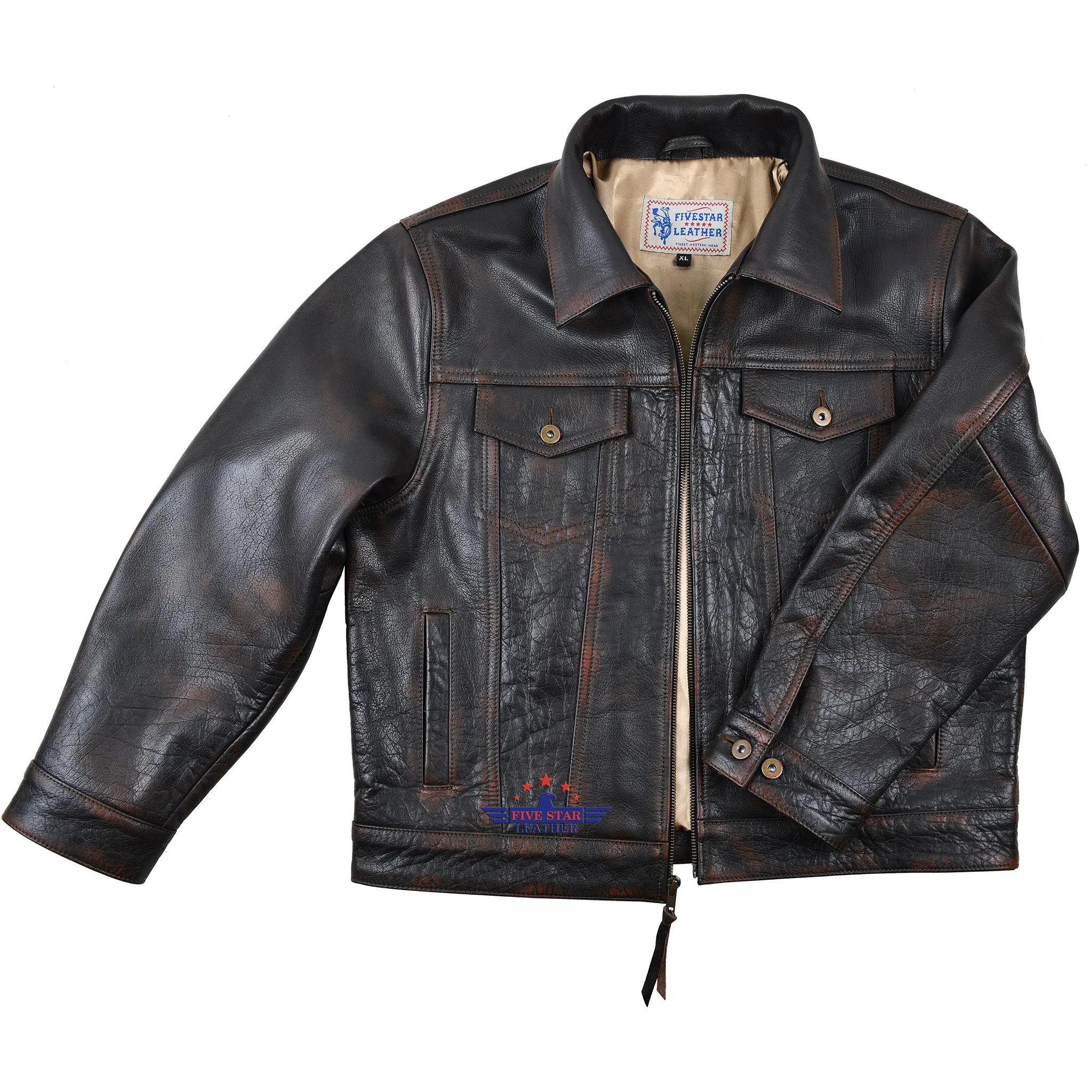 FiveStar Leather  Men Trucker Classic Buffalo Distressed Brown Western Denim Leather Jacket