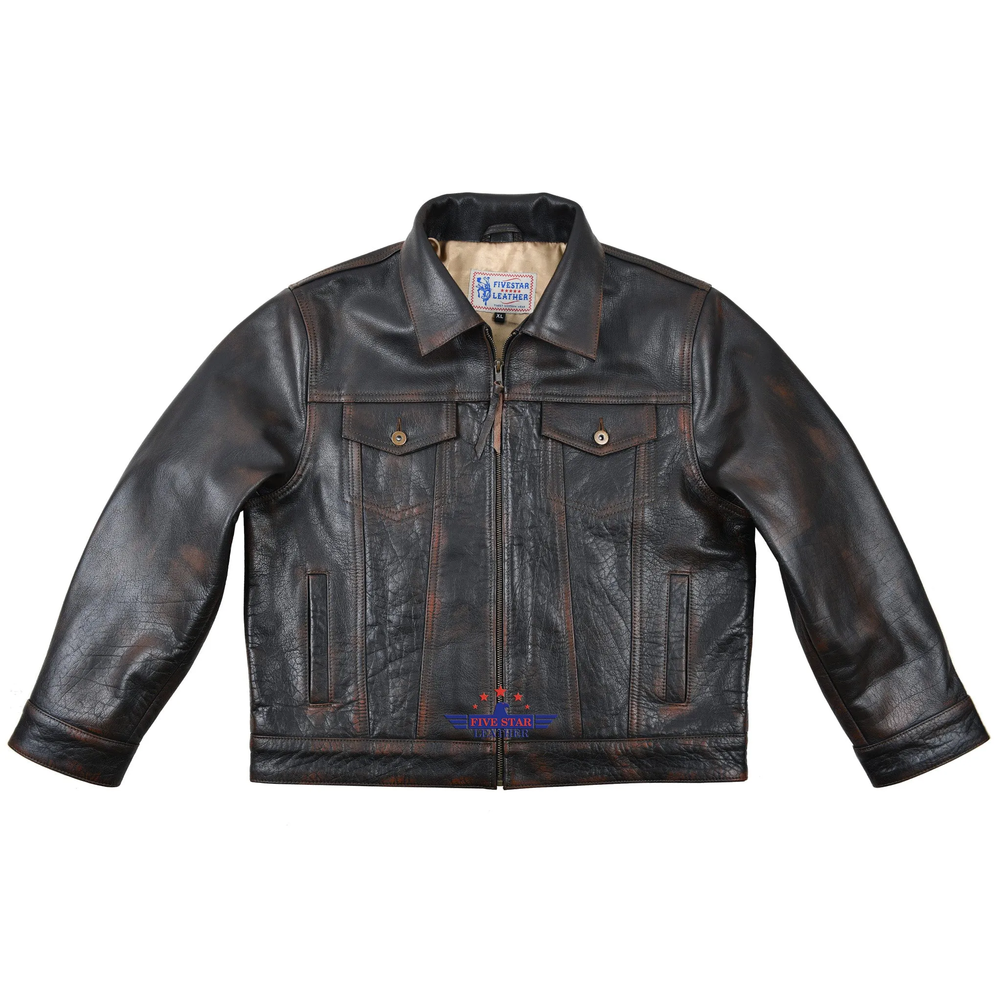 FiveStar Leather  Men Trucker Classic Buffalo Distressed Brown Western Denim Leather Jacket