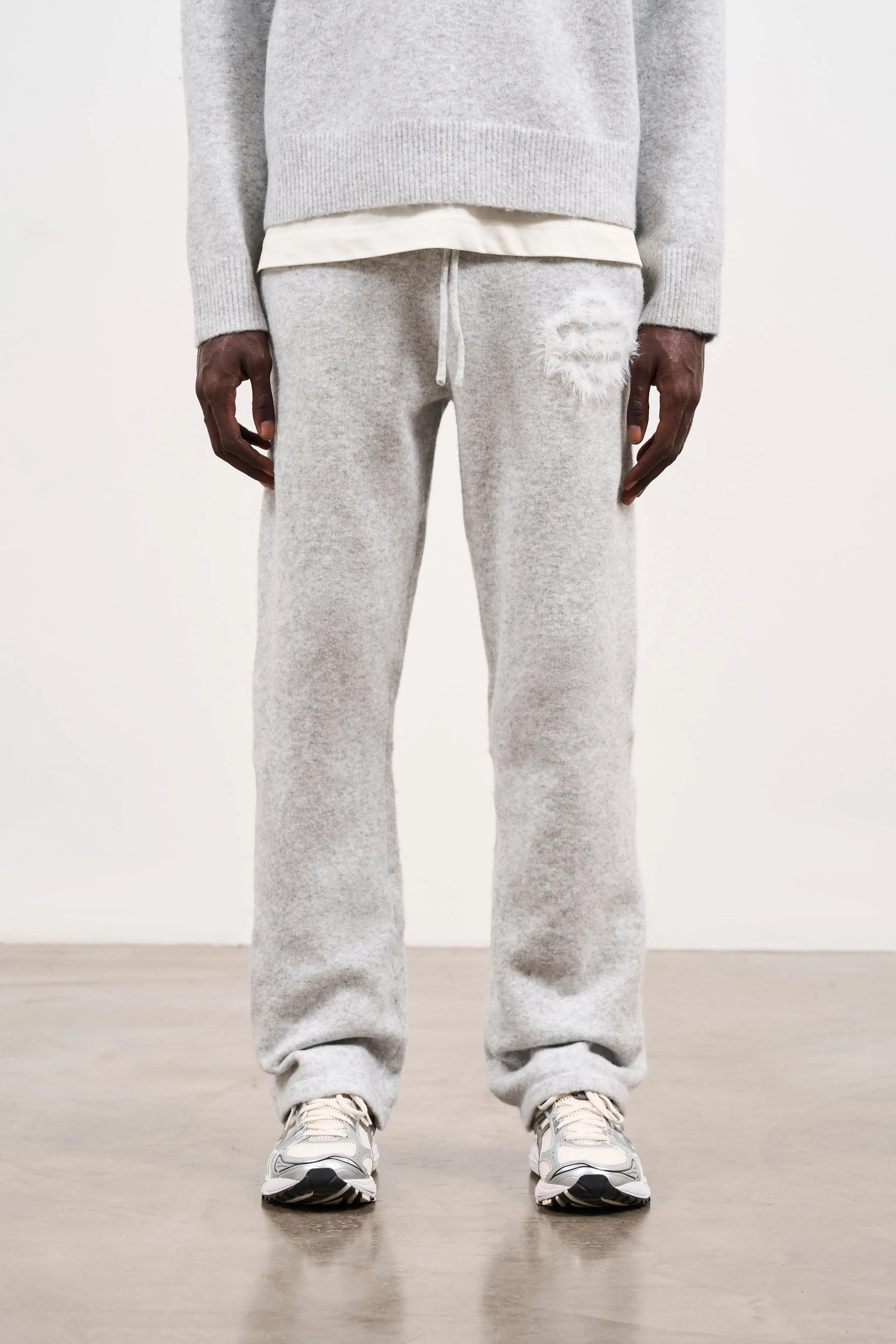 FLUFFY EMBLEM KNITTED JOGGERS - GREY MARL