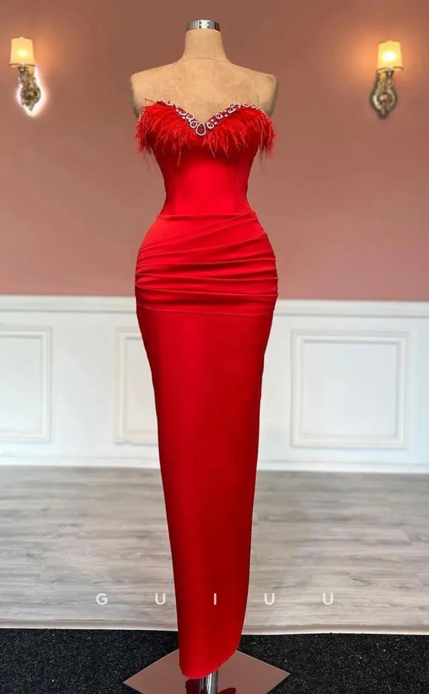 G3685 - Sexy & Hot Sheath Sweetheart Beaded and Draped Long Evening Party Gown Prom Dress with Feather