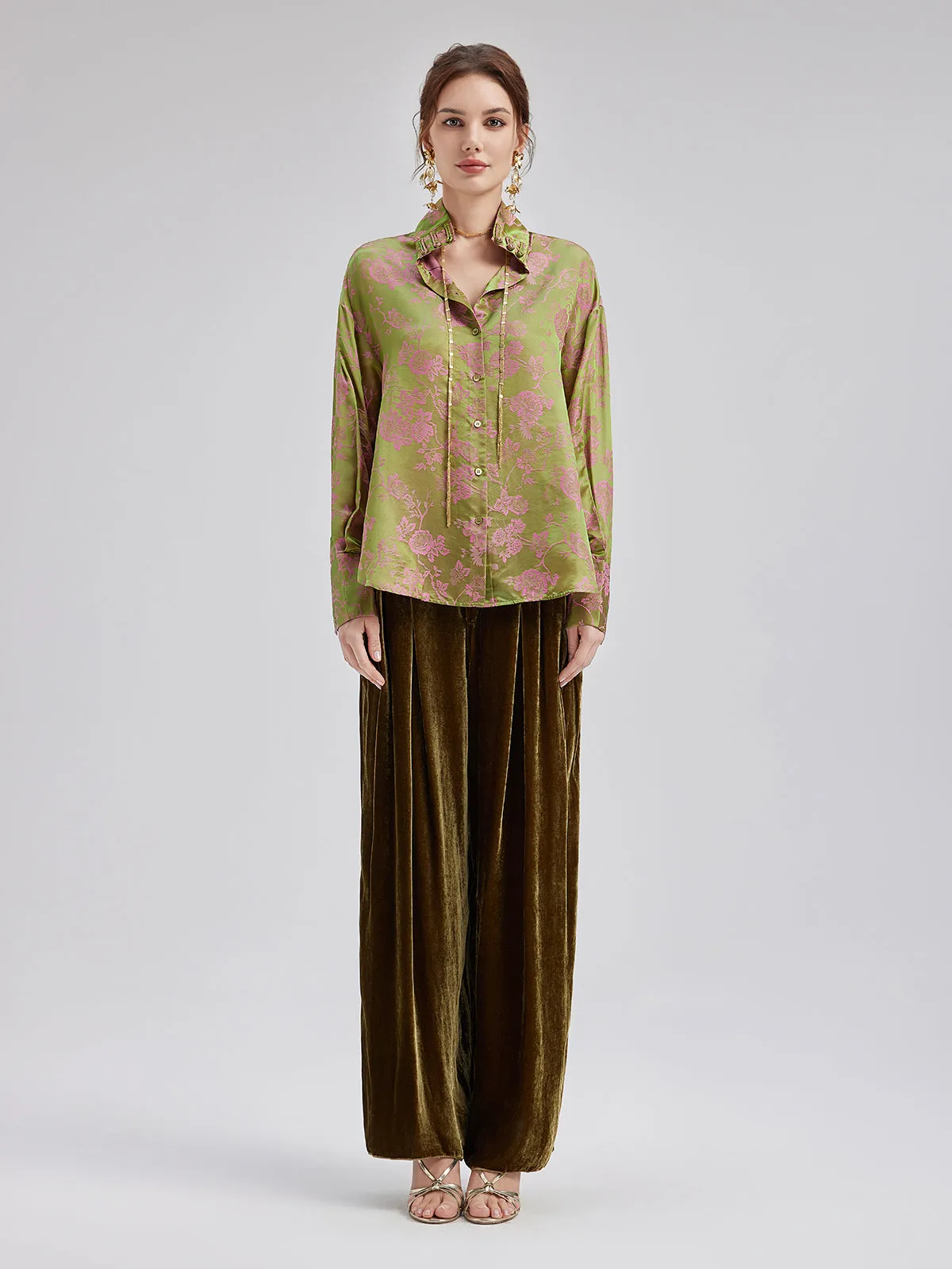 Gold Silk Velvet Wide-Leg Pants