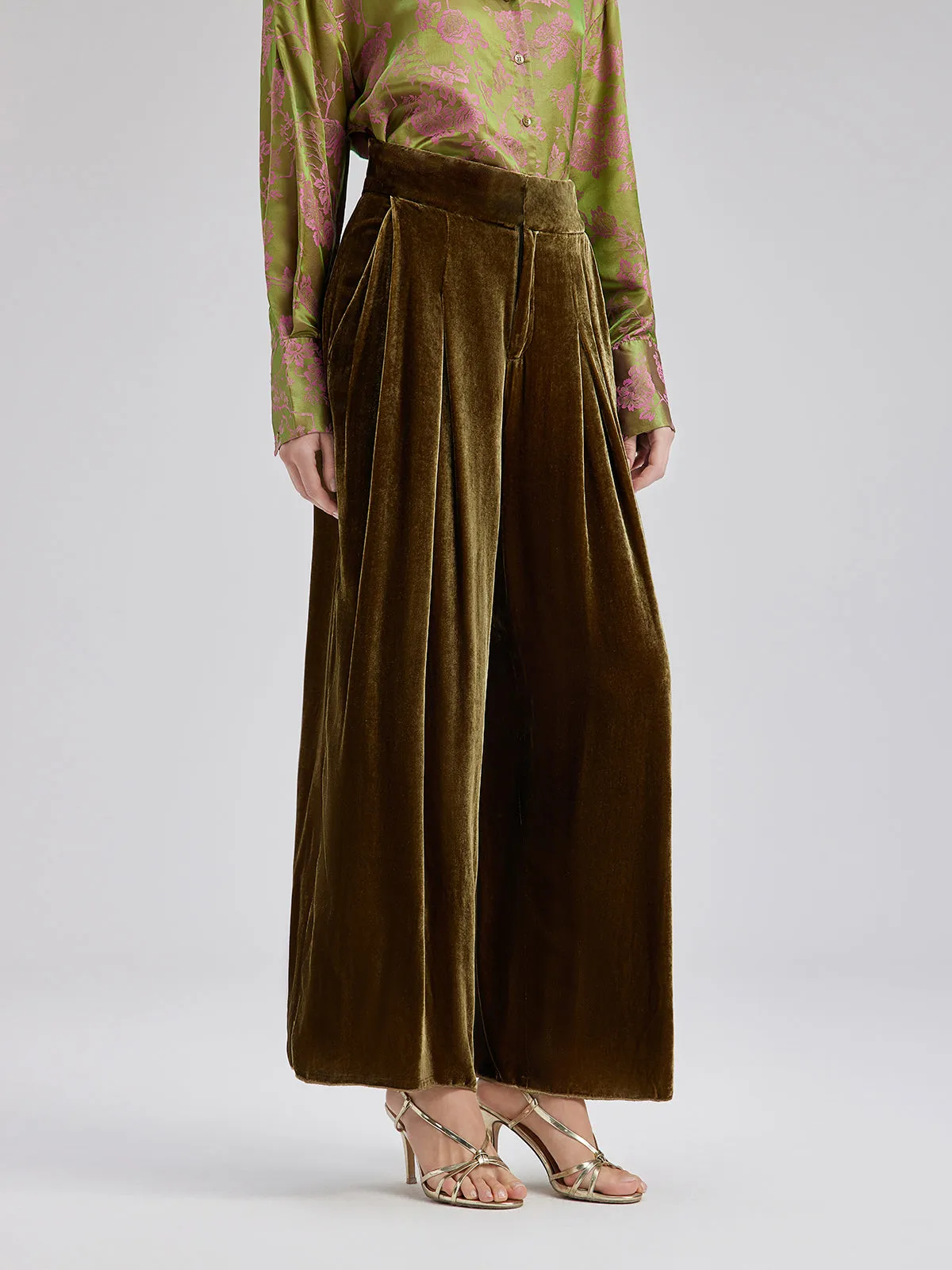 Gold Silk Velvet Wide-Leg Pants