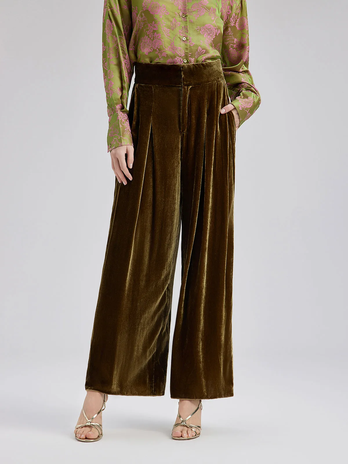 Gold Silk Velvet Wide-Leg Pants