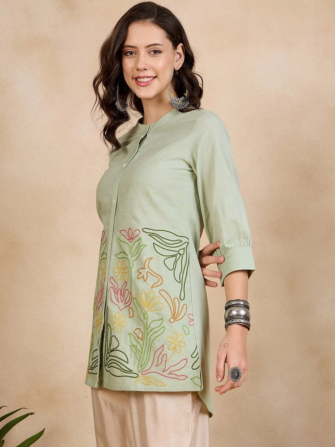 Green Floral Embroidered Mandarin Collar Tunic