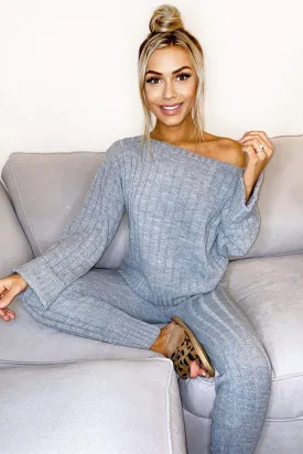 Grey Chunky Knit Slash Neck Lounge Set