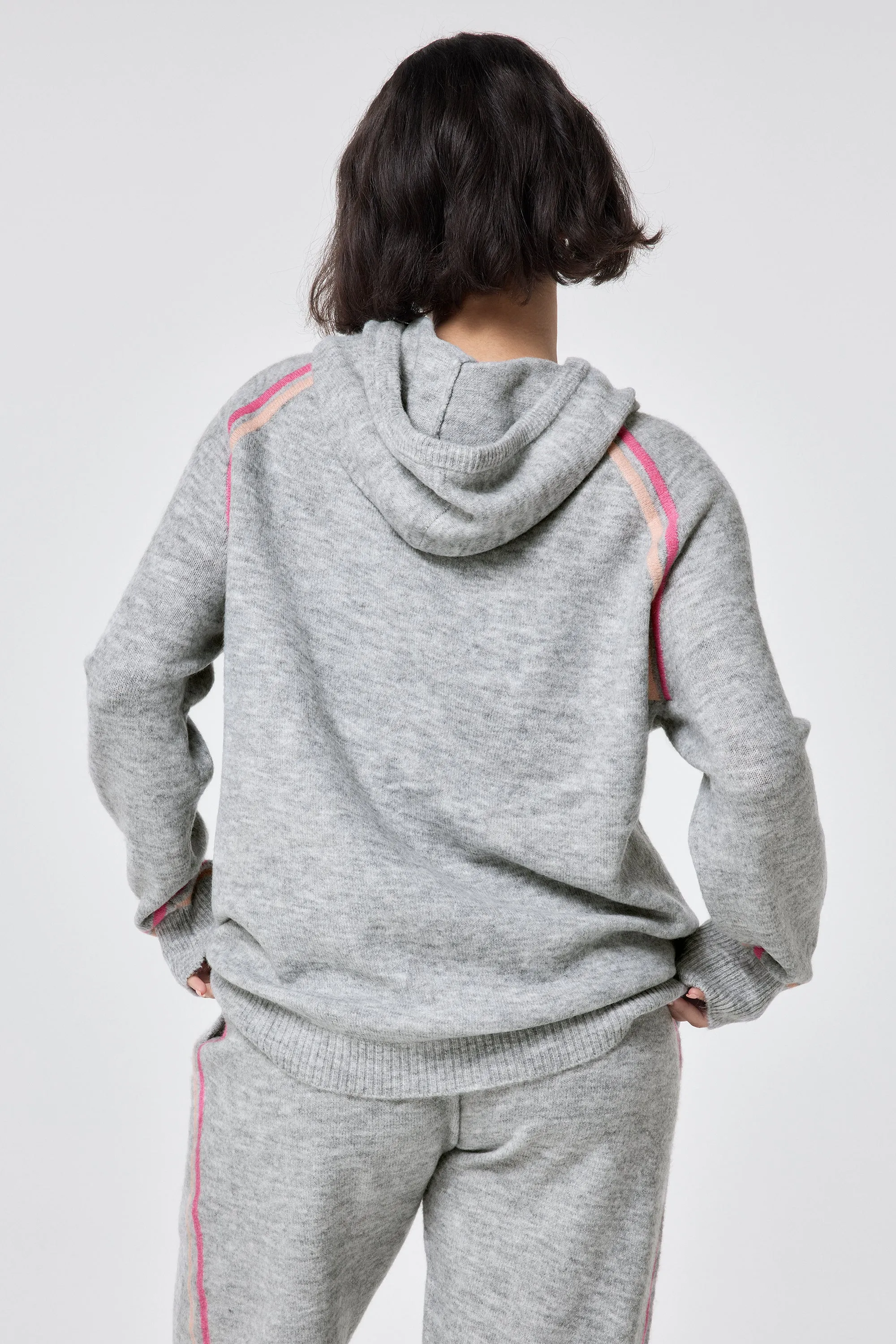 Grey with Peach and Pink Stripe Knitted Lounge Wear Hoodie