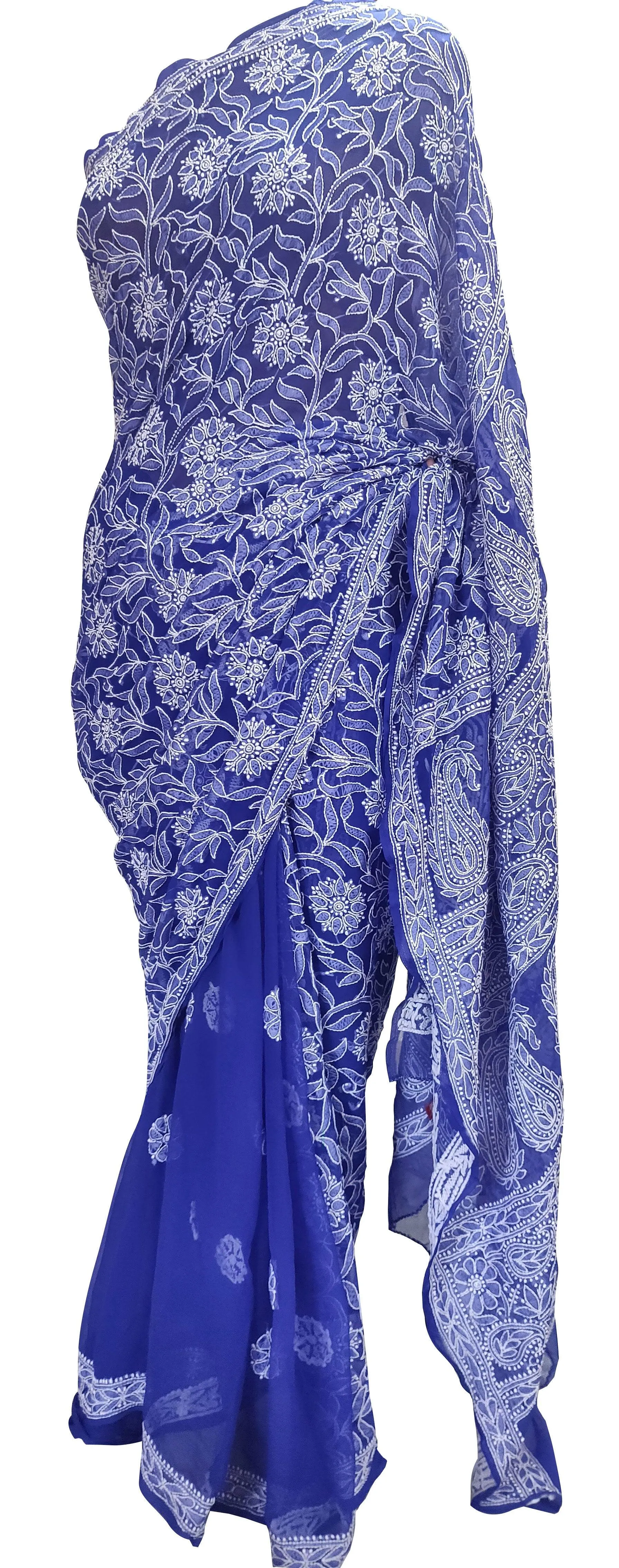 Hand Embroidered Heavy Chikankari Royal Blue Chiffon Saree CK36