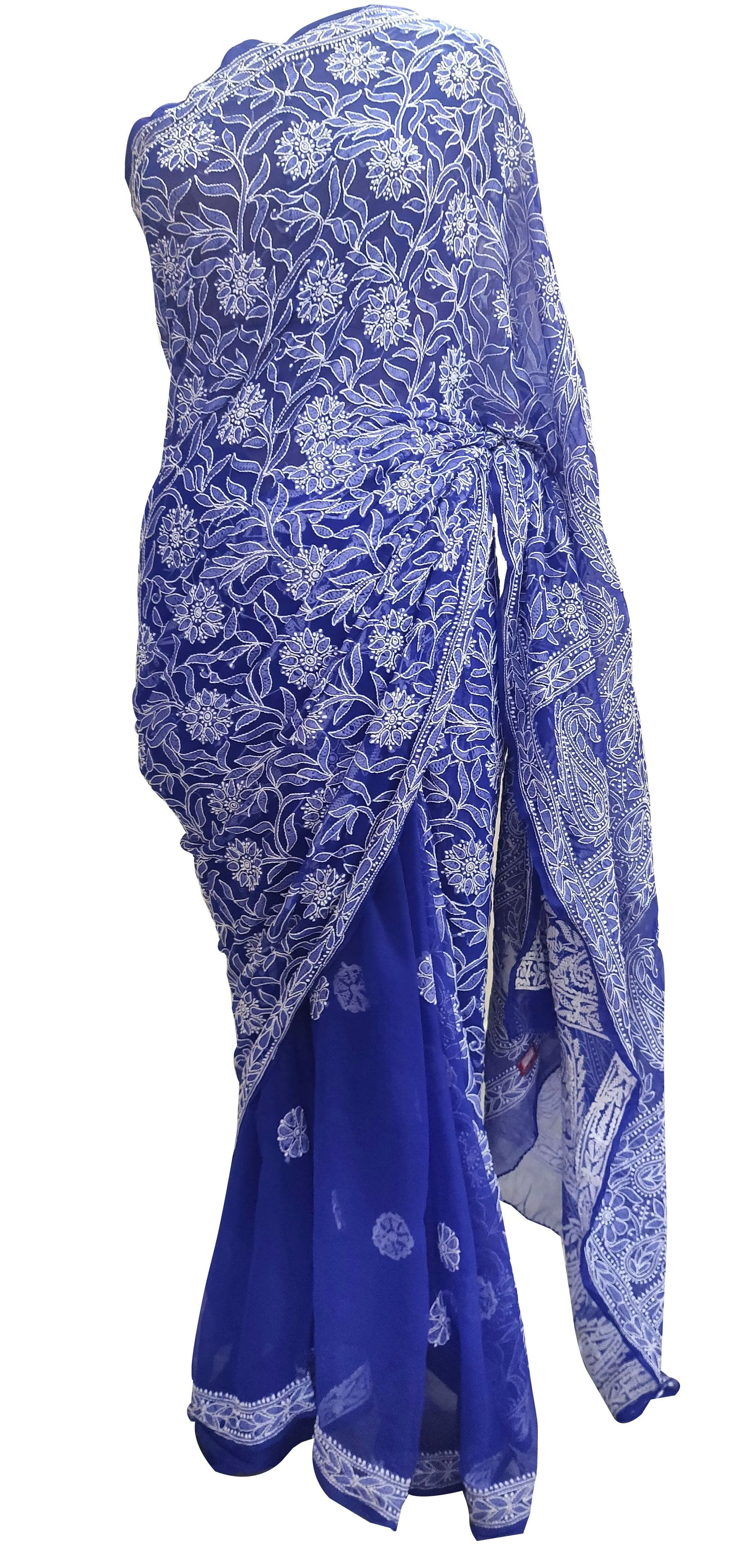 Hand Embroidered Heavy Chikankari Royal Blue Chiffon Saree CK36