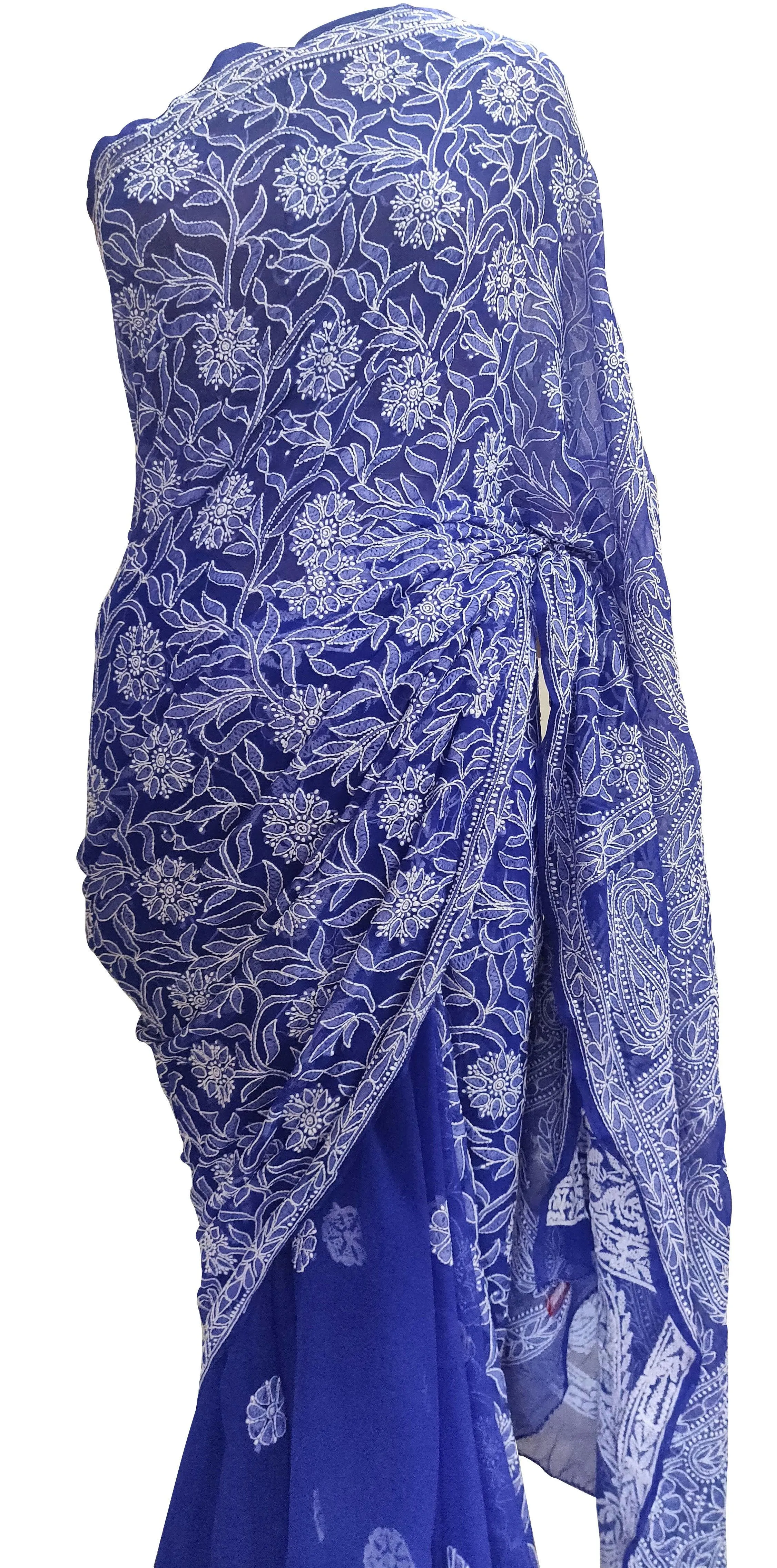 Hand Embroidered Heavy Chikankari Royal Blue Chiffon Saree CK36