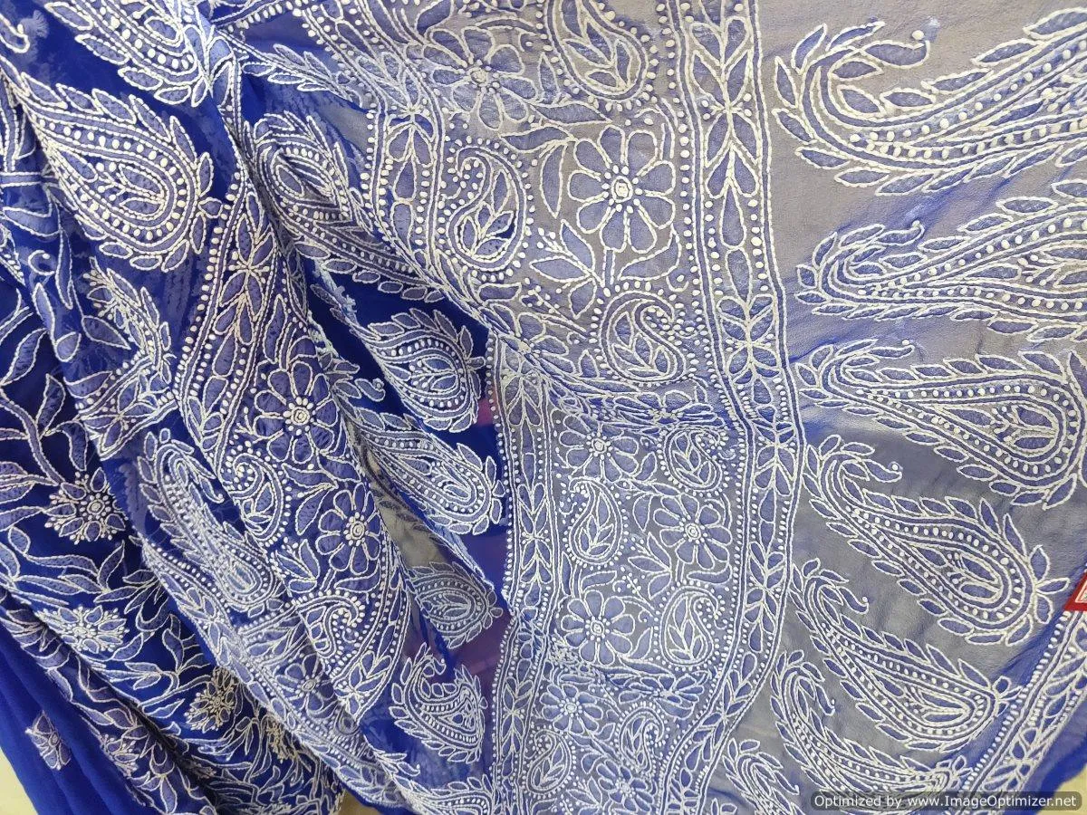 Hand Embroidered Heavy Chikankari Royal Blue Chiffon Saree CK36