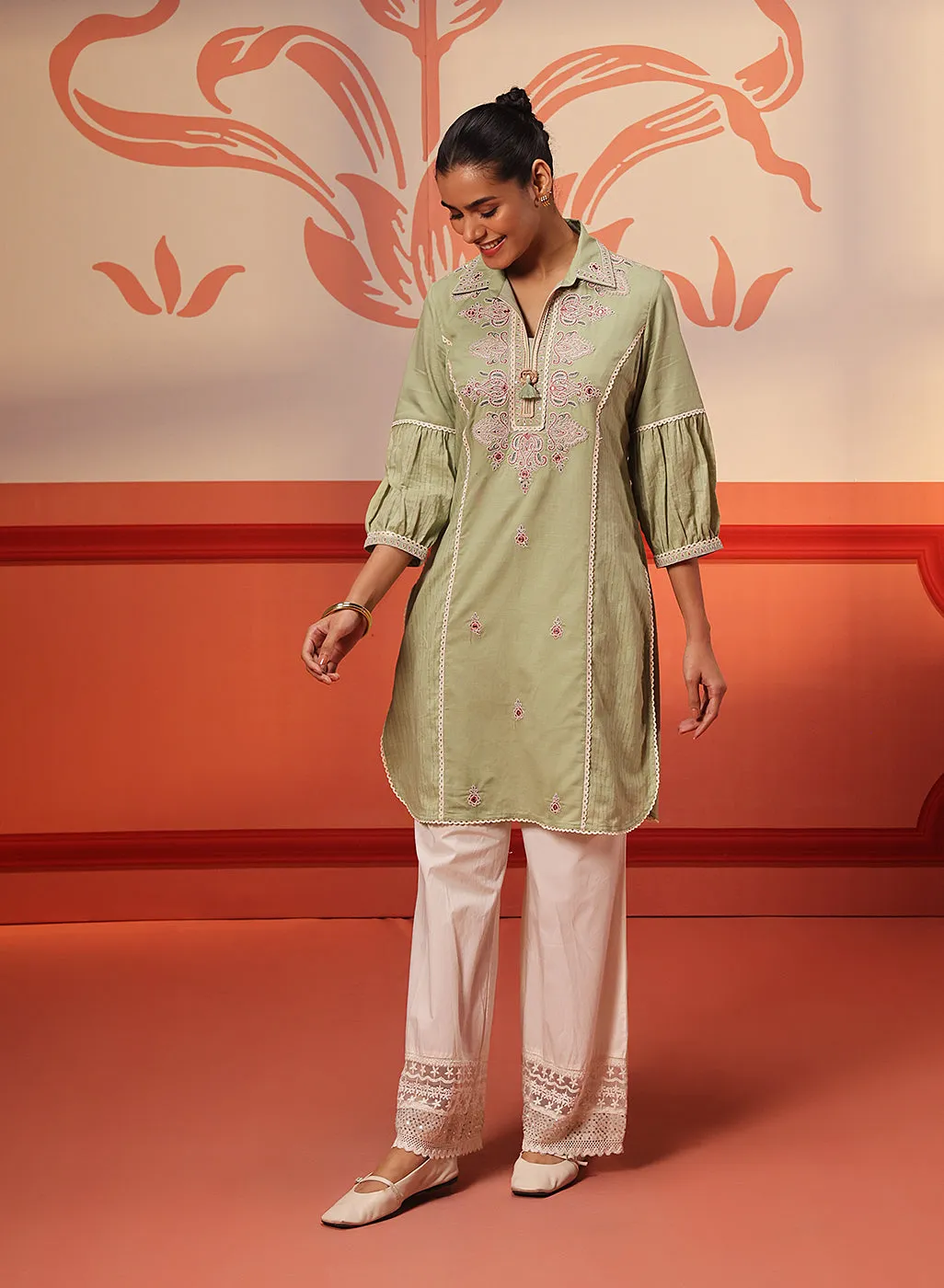 Hayaat Basil Green Embroidered Cotton Linen Tunic for Women