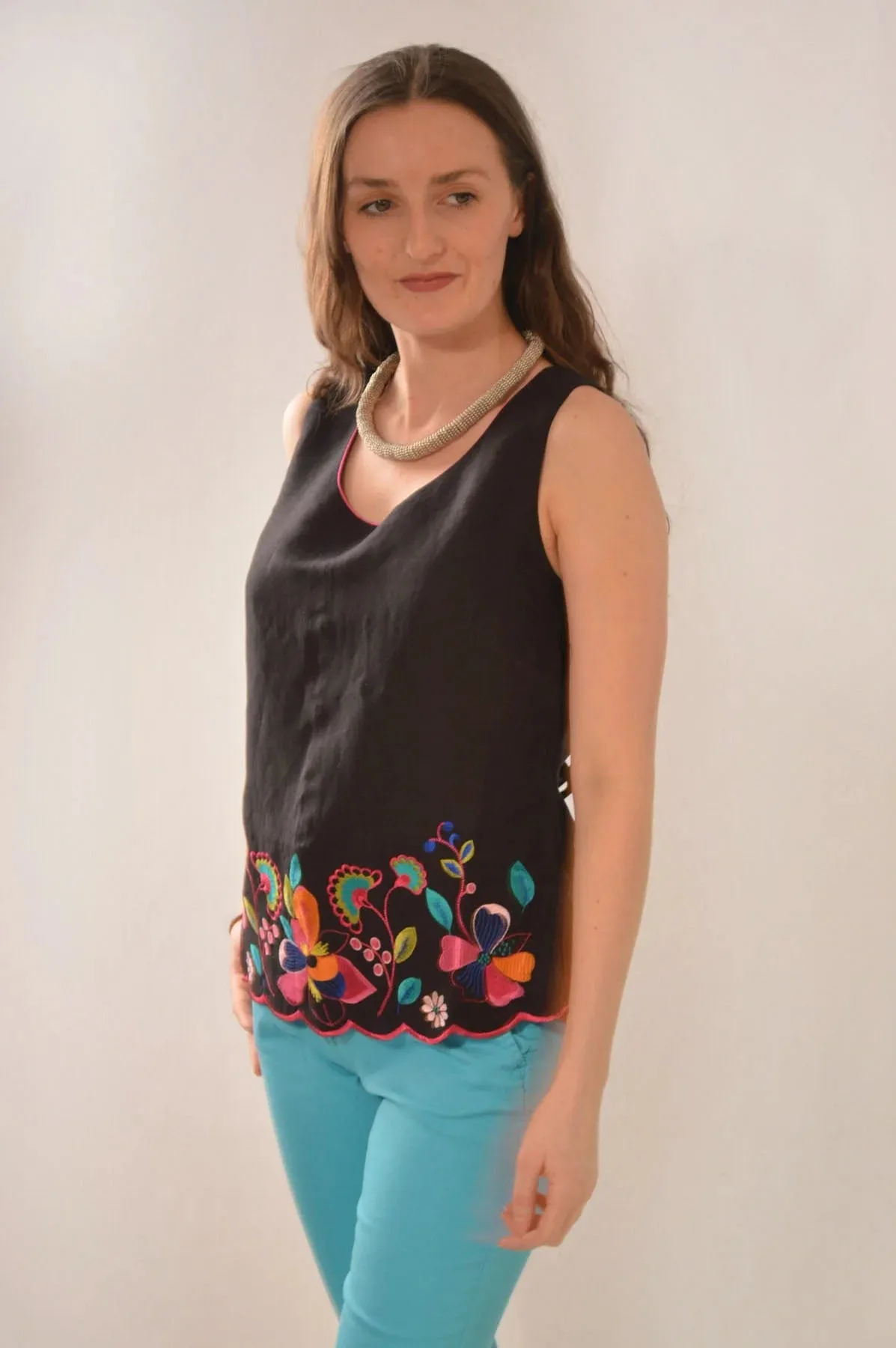 Linen Vibrant Embroidered Top