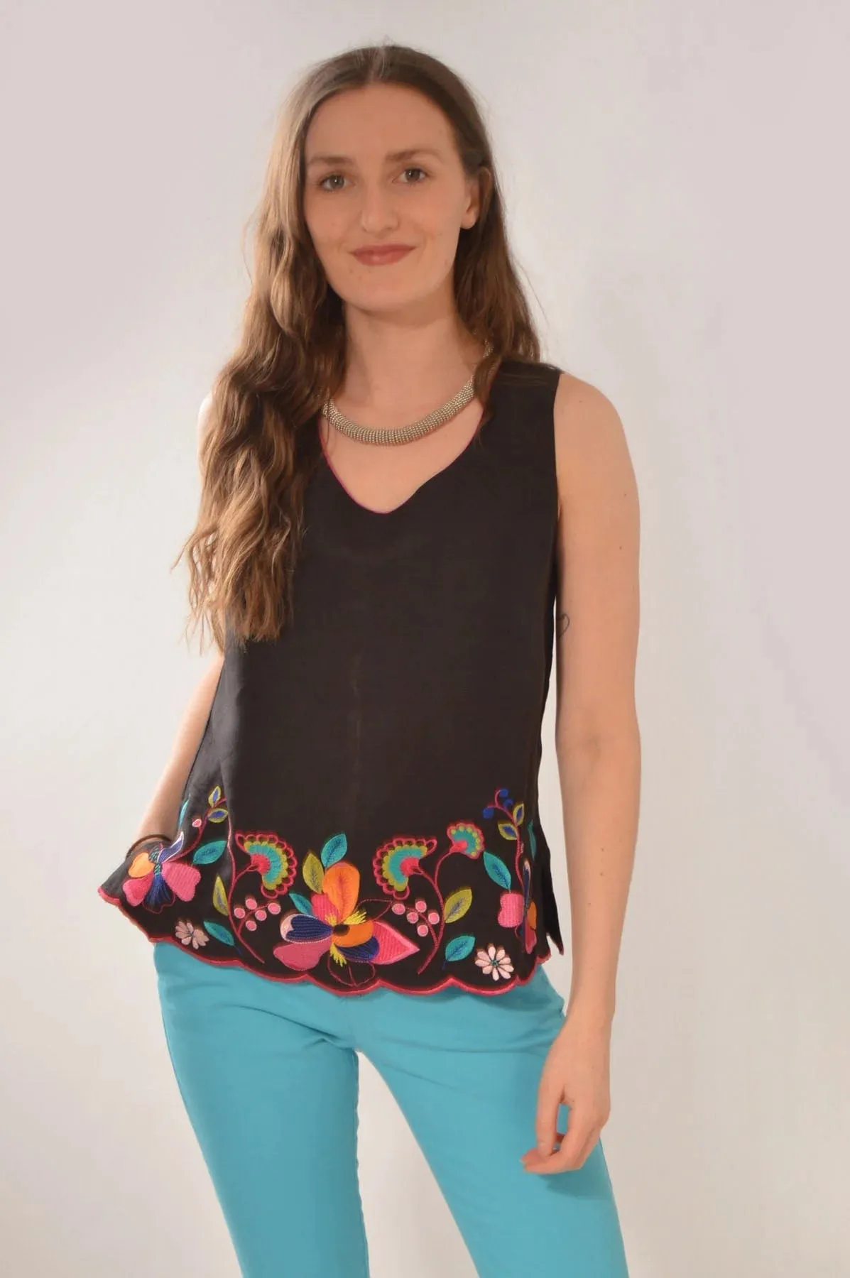 Linen Vibrant Embroidered Top