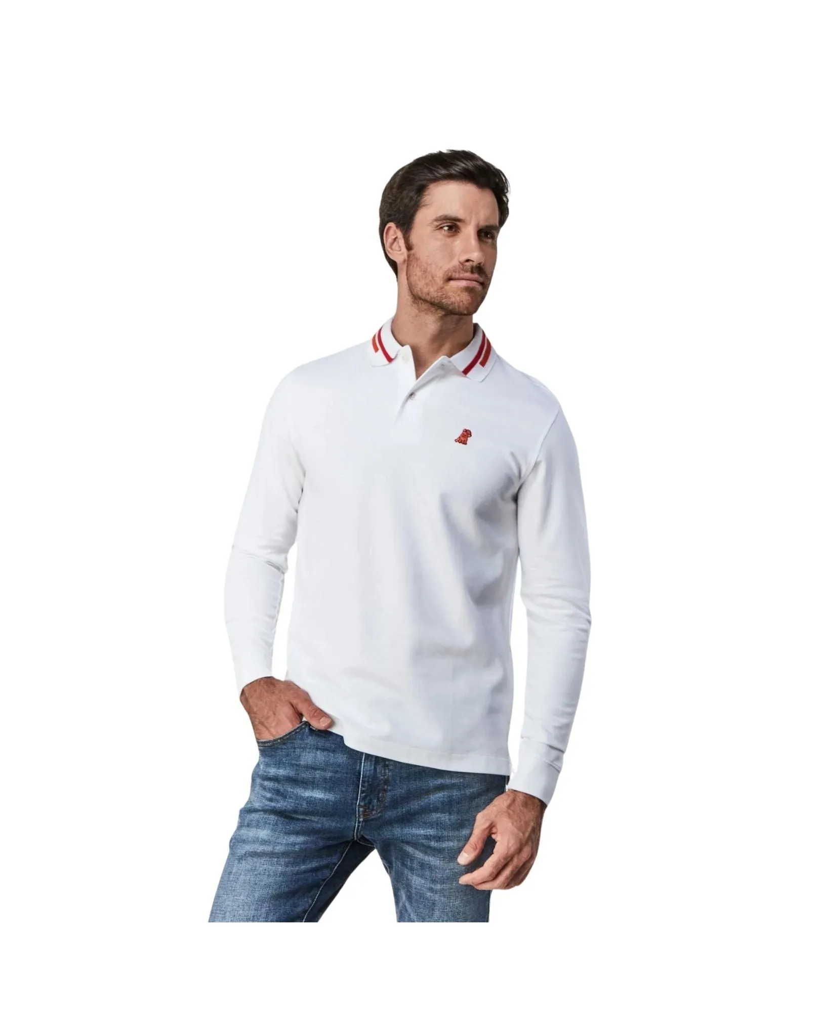 Long Sleeve Striped Polo Shirt - White A206