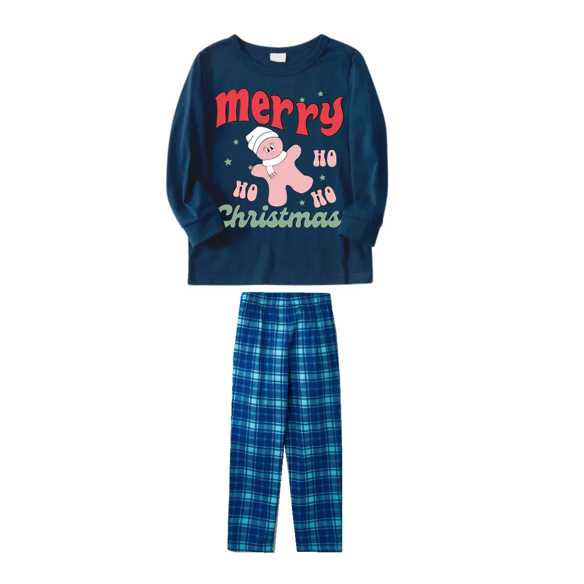 Merry Christmas Cute Cartoon Prints 2024 Navy Blue Long Sleeves with Blue&Green Plaid Pants Family Matching Pajamas