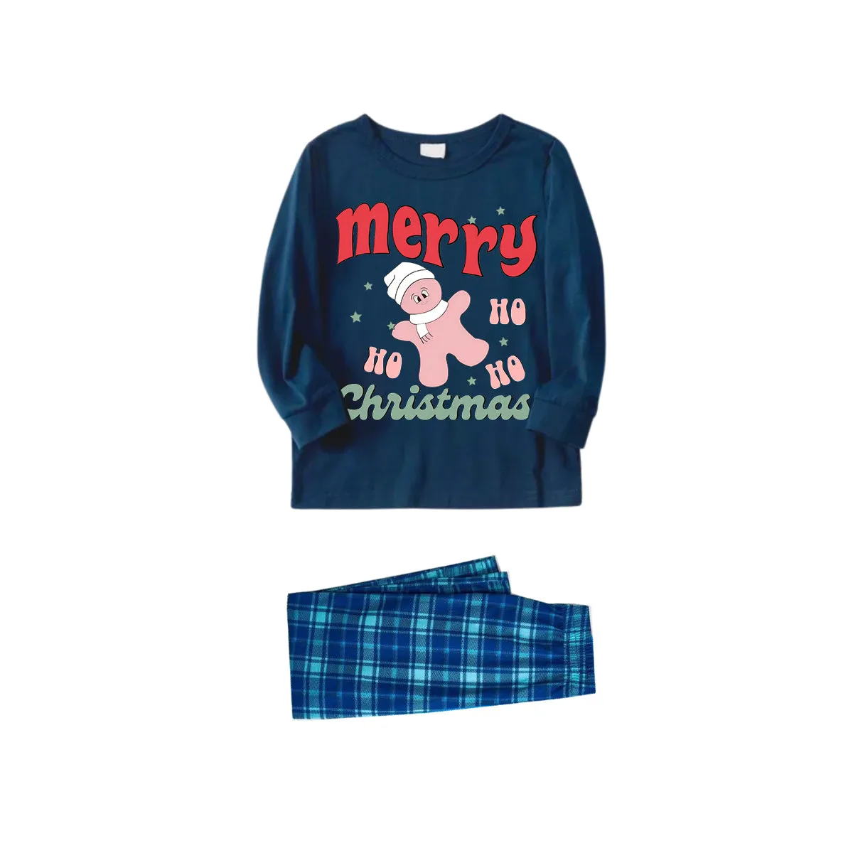 Merry Christmas Cute Cartoon Prints 2024 Navy Blue Long Sleeves with Blue&Green Plaid Pants Family Matching Pajamas