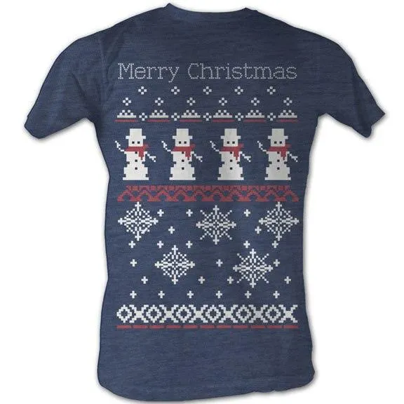 Merry Christmas Snowmen and Snowflakes 8-Bit Adult Navy T-shirt