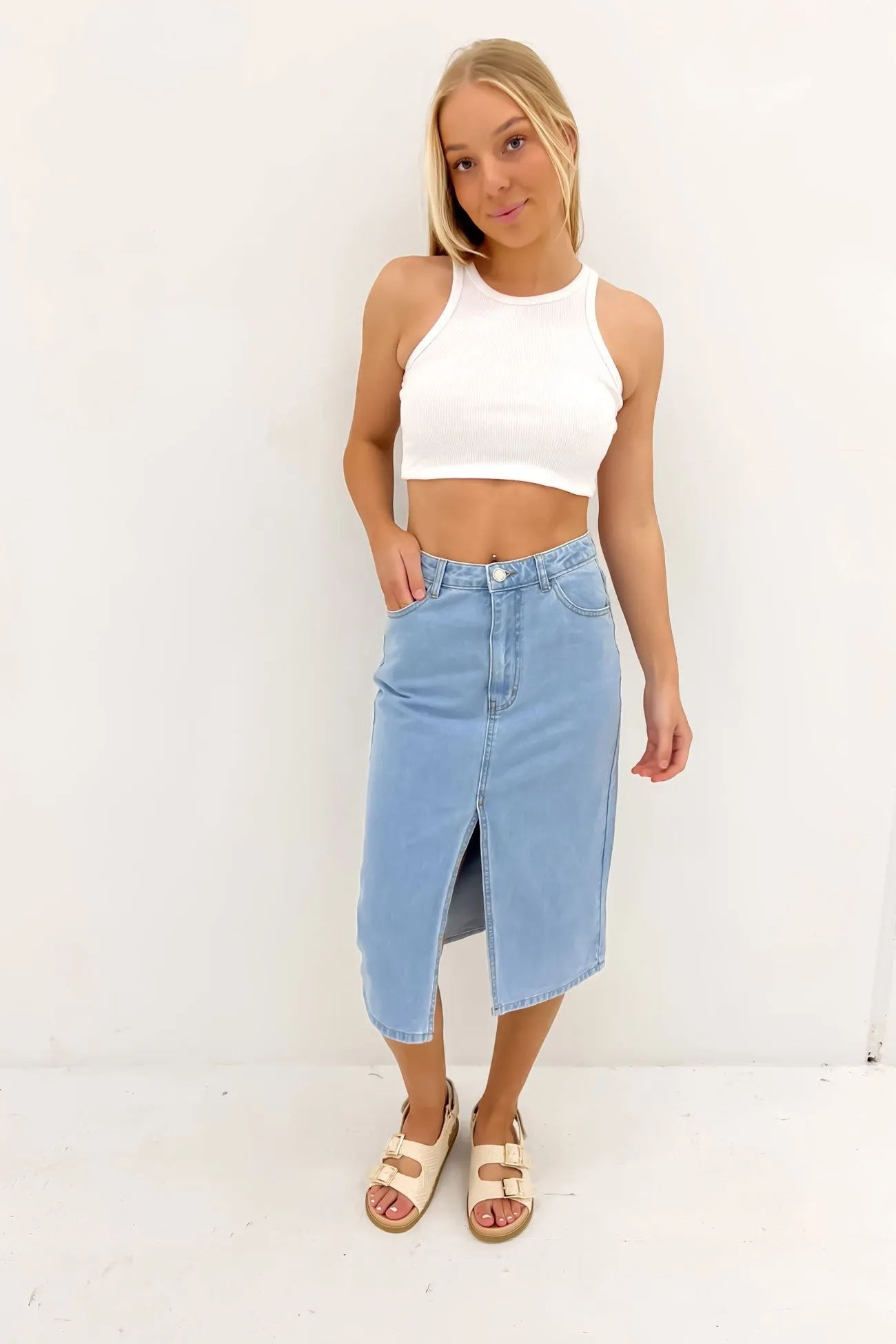 Nate Denim Midi Skirt Light Blue