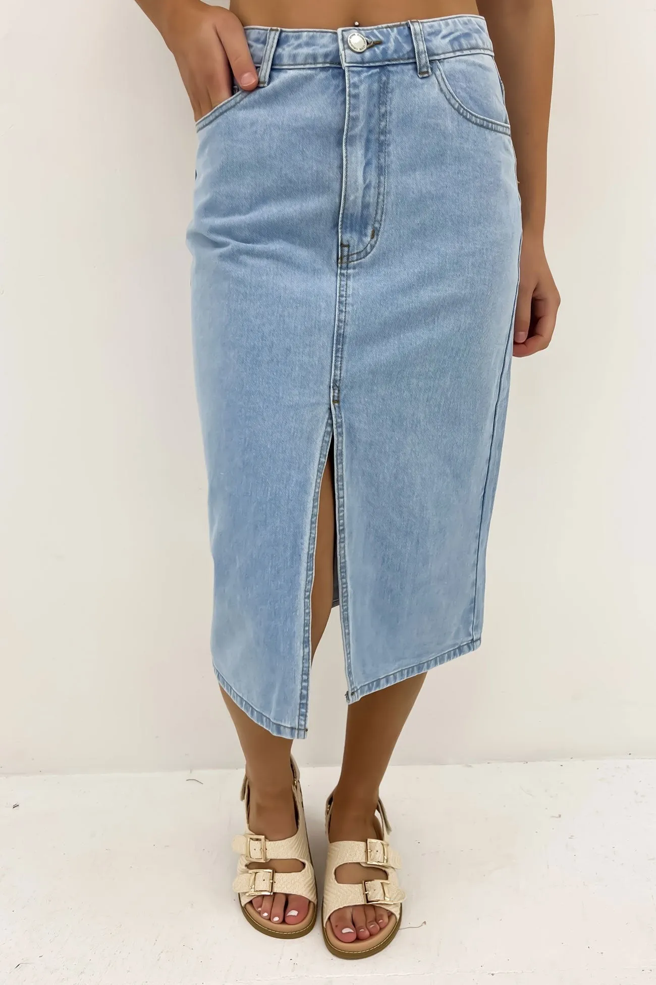 Nate Denim Midi Skirt Light Blue