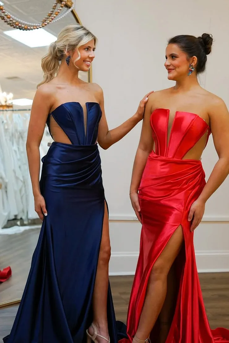 Navy Elegant Mermaid V Neck Satin Slit Prom Dresses