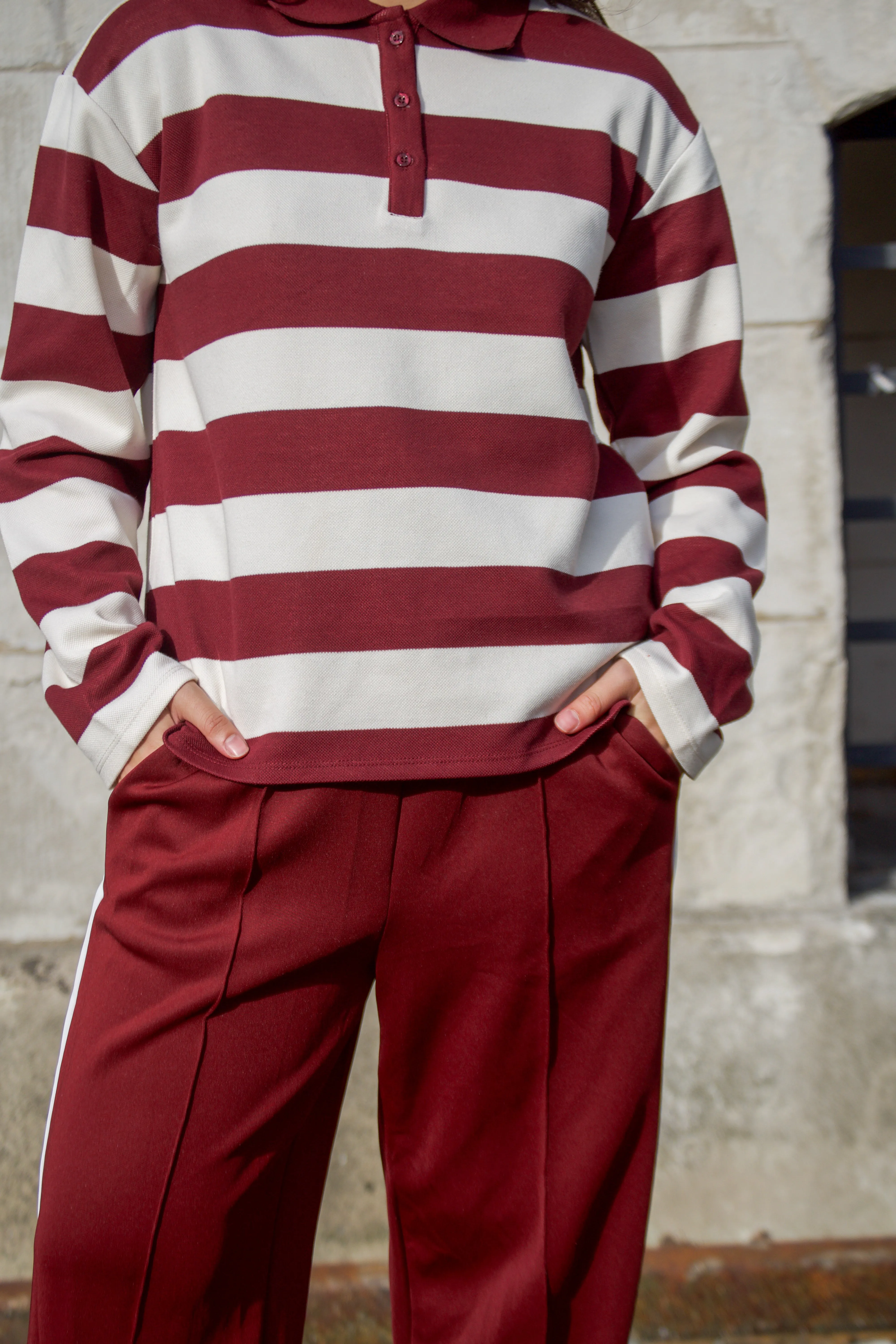 Object Millie Long Sleeve Cabernet Stripe Polo