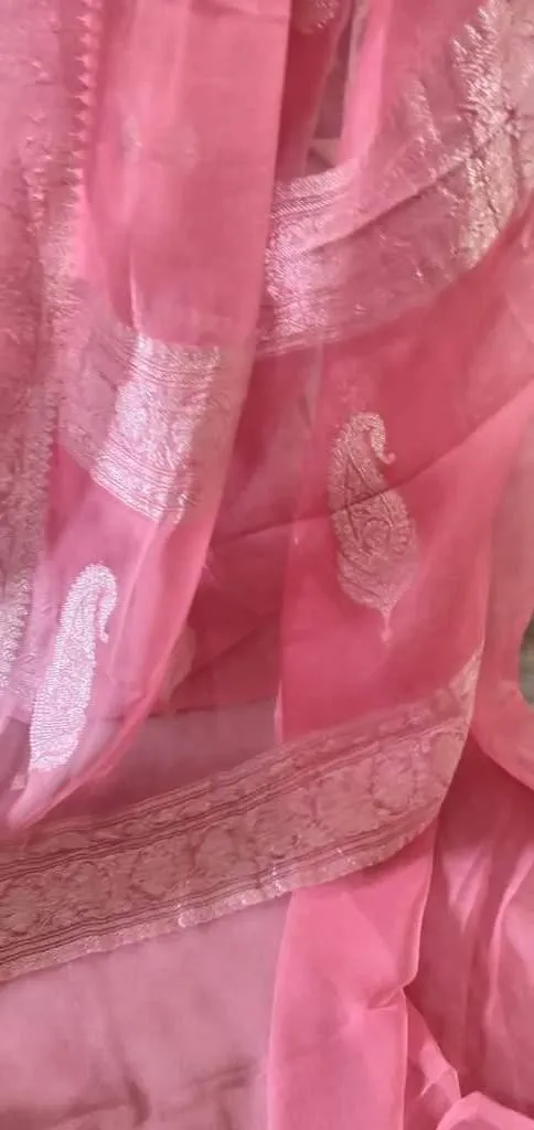 Pink Banarasi Pure Khaddi Chiffon Saree MK01