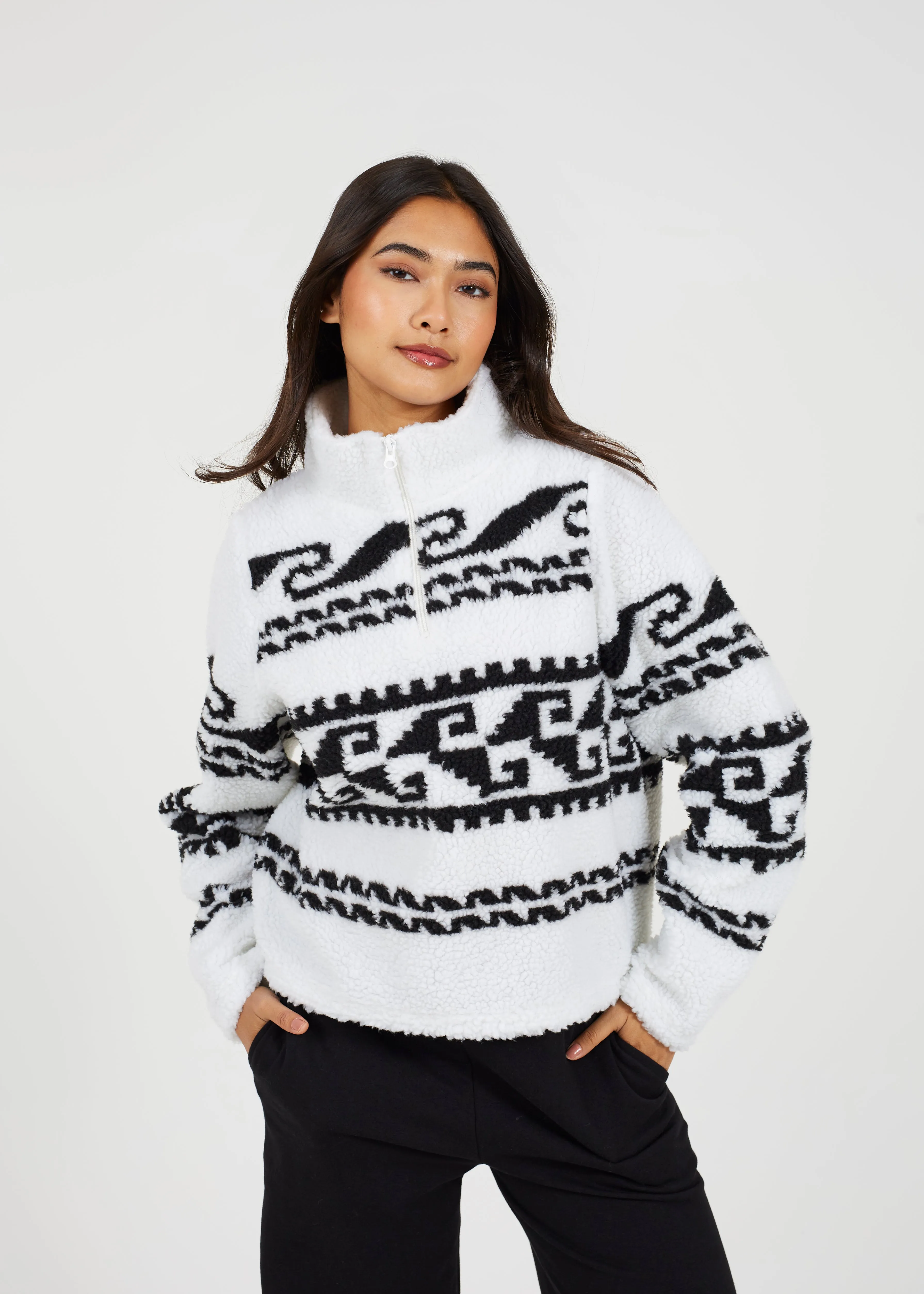 PRINTED HIGH NECK 3/4 ZIP FLEECE SWEATSHIRT