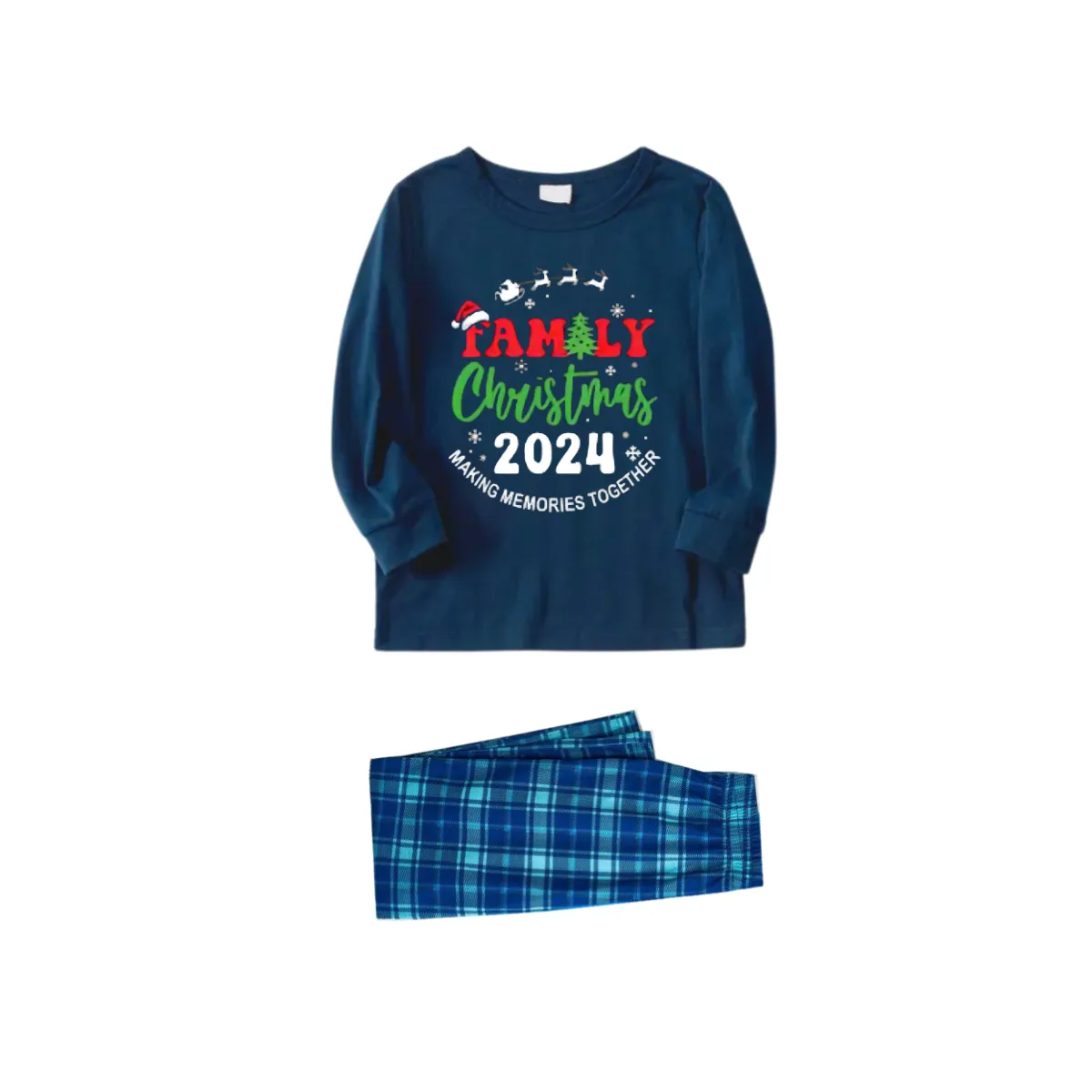 "Family Christmas 2024" Printed Blue Plaid Christmas Matching Pajamas