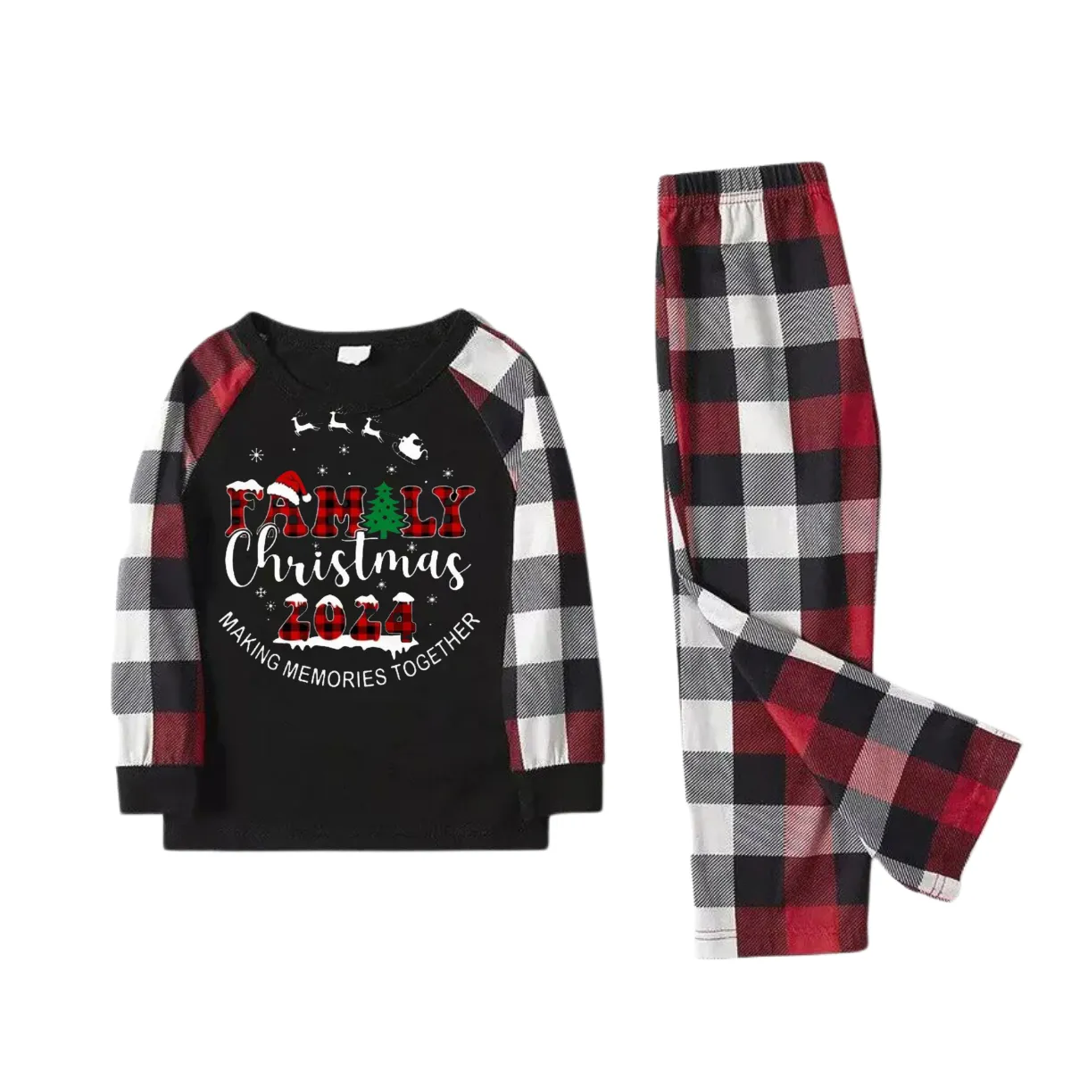 "FAMILY CHRISTMAS 2024" Text Printed and Santa Hat Pattern- Black Top with Red&Black&White Plaid Sleeves - Family Matching Pajamas