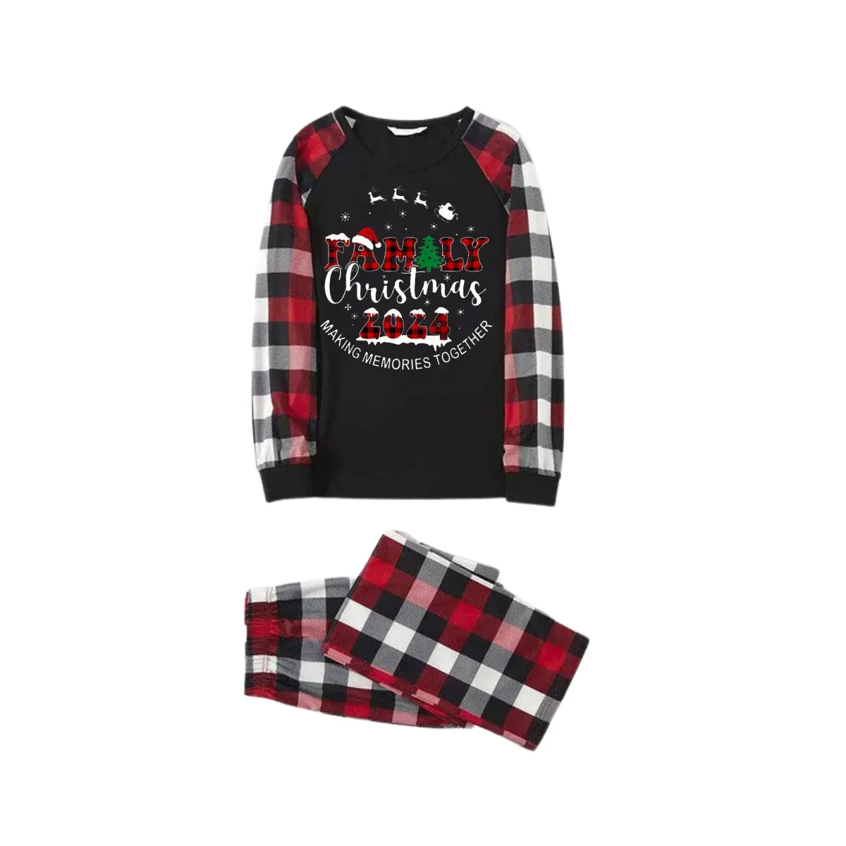 "FAMILY CHRISTMAS 2024" Text Printed and Santa Hat Pattern- Black Top with Red&Black&White Plaid Sleeves - Family Matching Pajamas