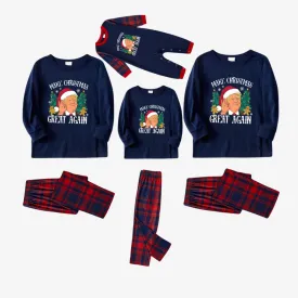 "MERRY CHRISTMAS GREAT AGAIN" Letter Printed Red and Blue Plaid Family Pajamas Sets