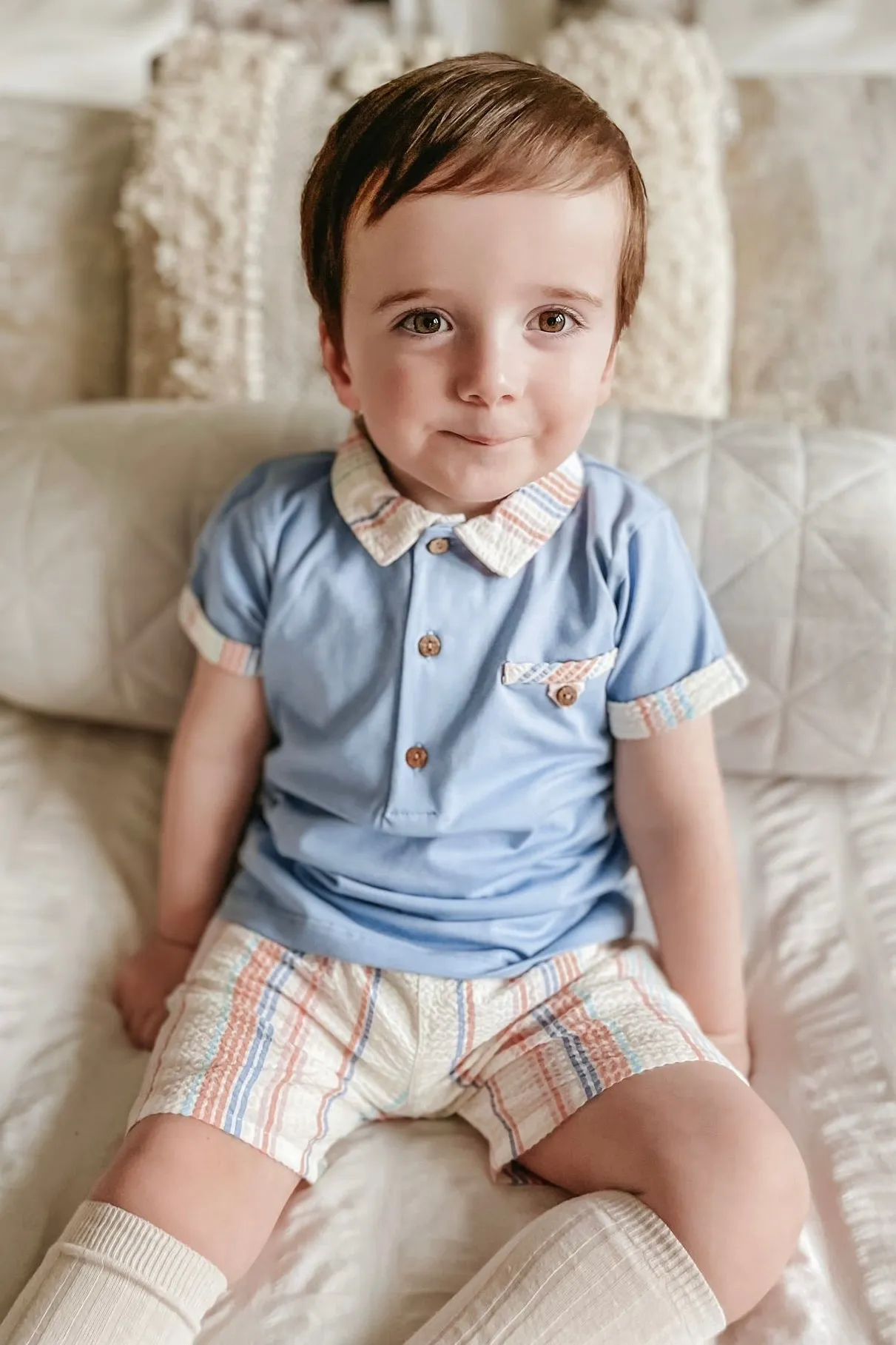 "Nolan" Dusky Blue Striped Polo Shirt & Shorts