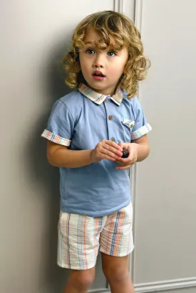 "Nolan" Dusky Blue Striped Polo Shirt & Shorts