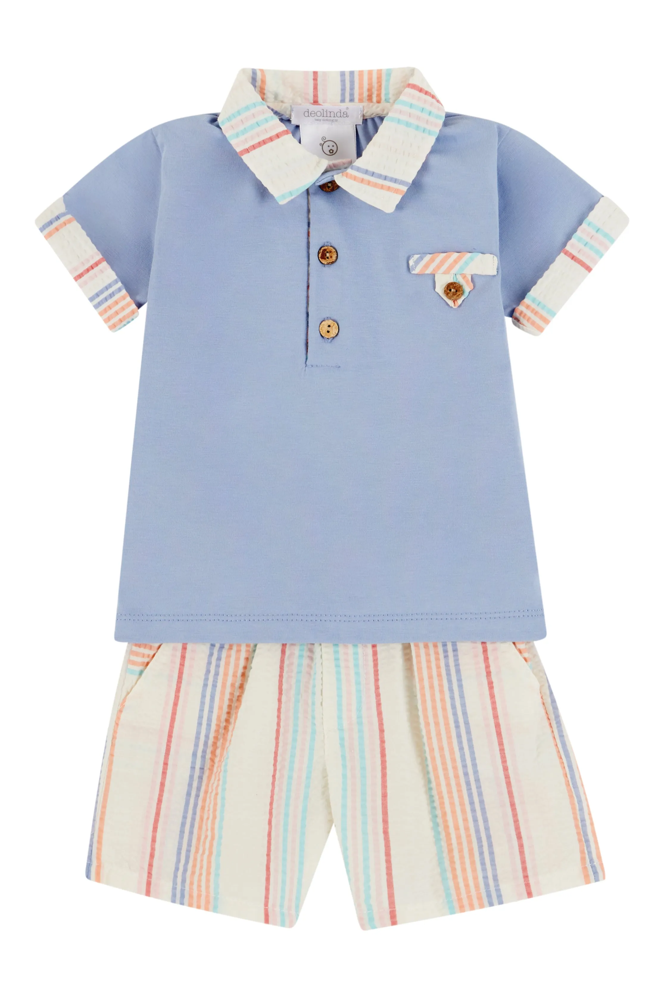 "Nolan" Dusky Blue Striped Polo Shirt & Shorts