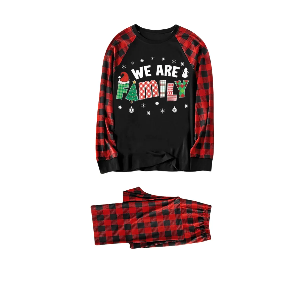 "We are Family" Print Black & Red Plaid Christmas Matching Pajamas