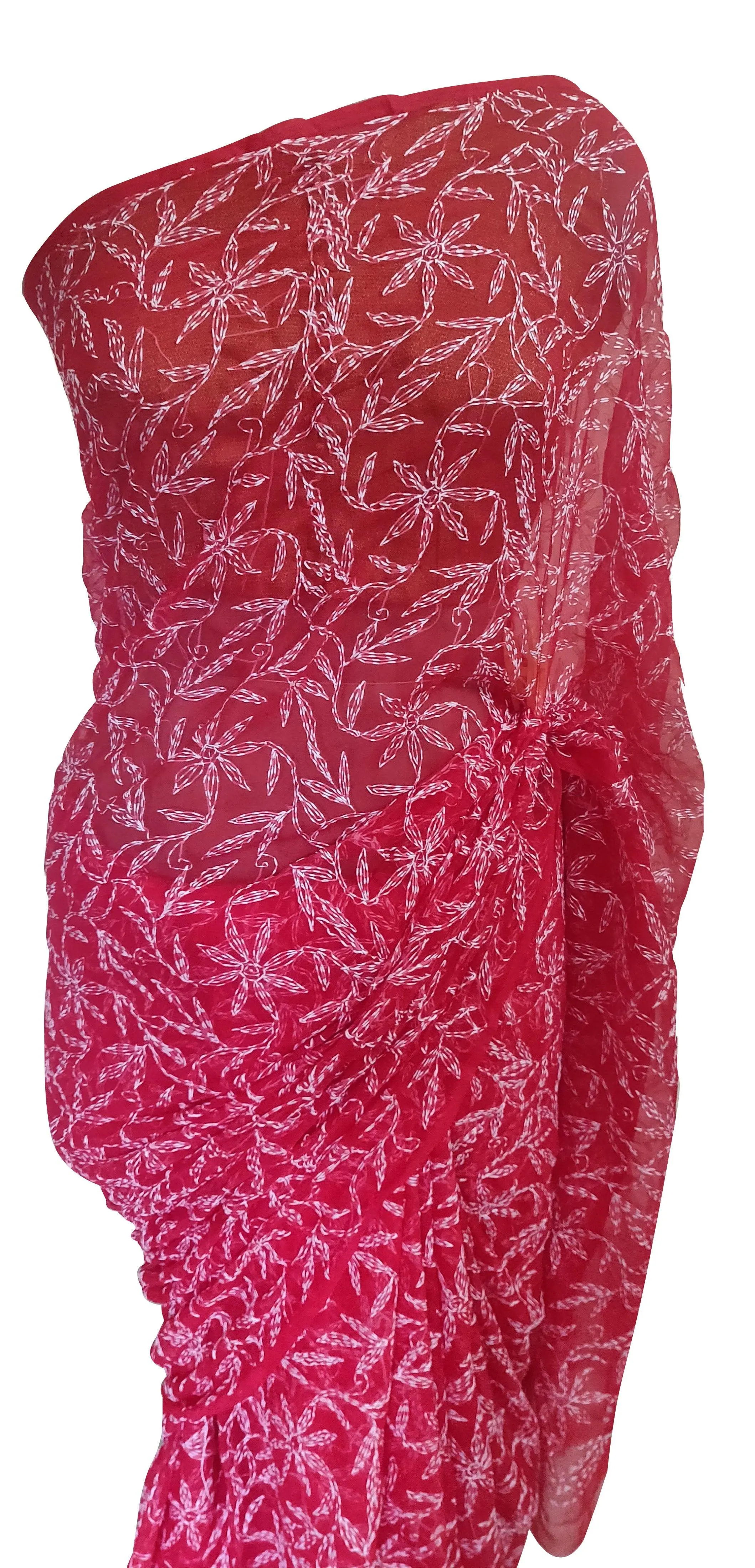 Red Tepchi Chikankari Chiffon Saree CK68