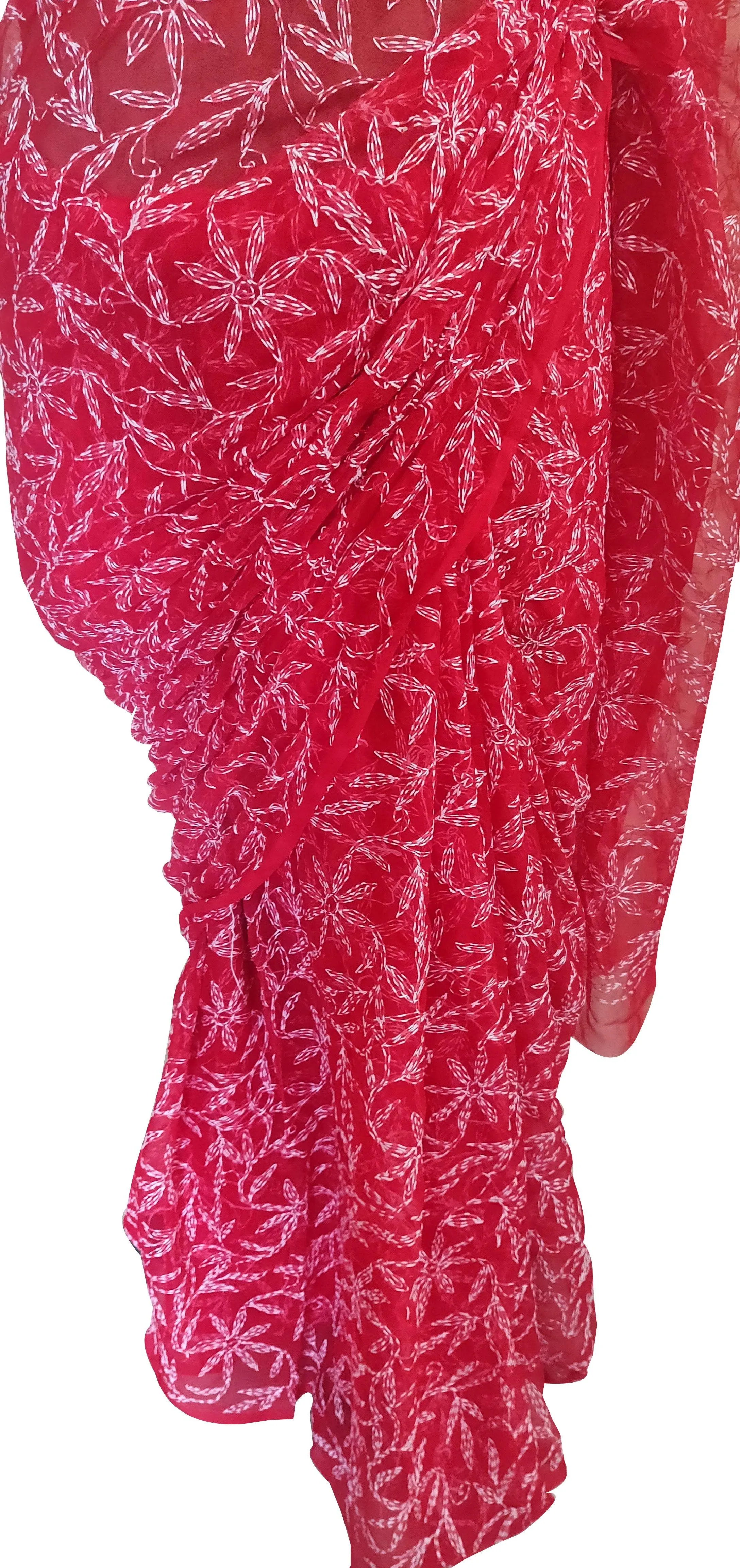 Red Tepchi Chikankari Chiffon Saree CK68