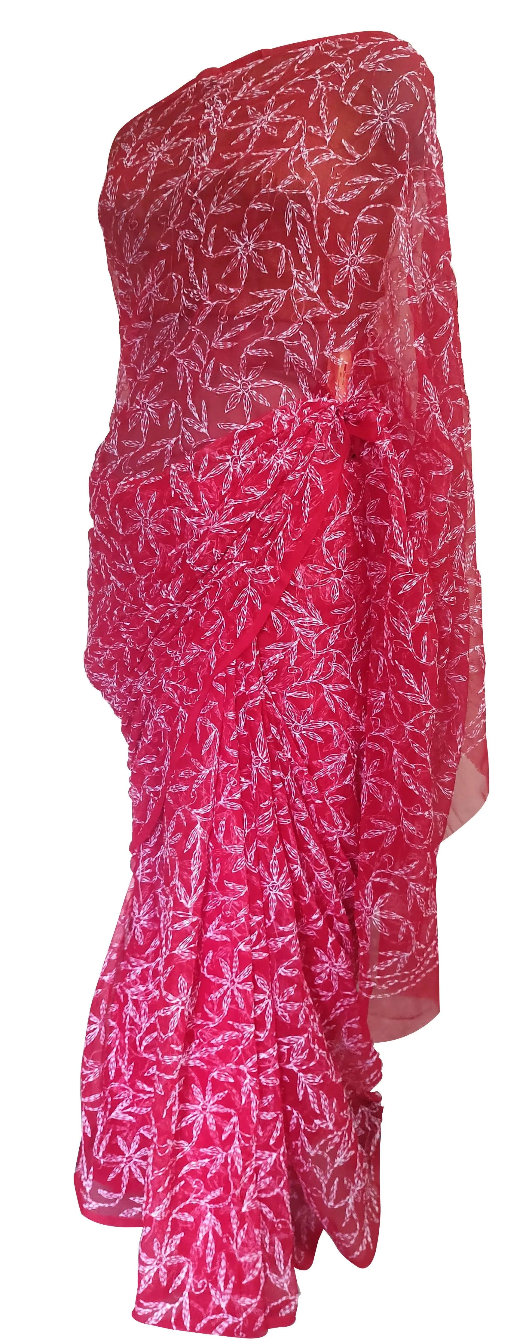 Red Tepchi Chikankari Chiffon Saree CK68