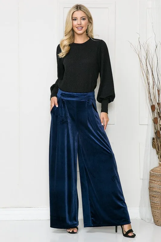 Royal Blue Velvet Wide Leg Pants