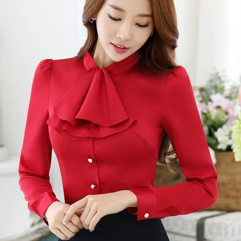 Ruffled Collar Pink Slim Fit Chiffon Shirt Blouse