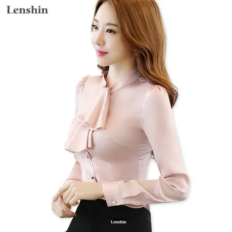 Ruffled Collar Pink Slim Fit Chiffon Shirt Blouse